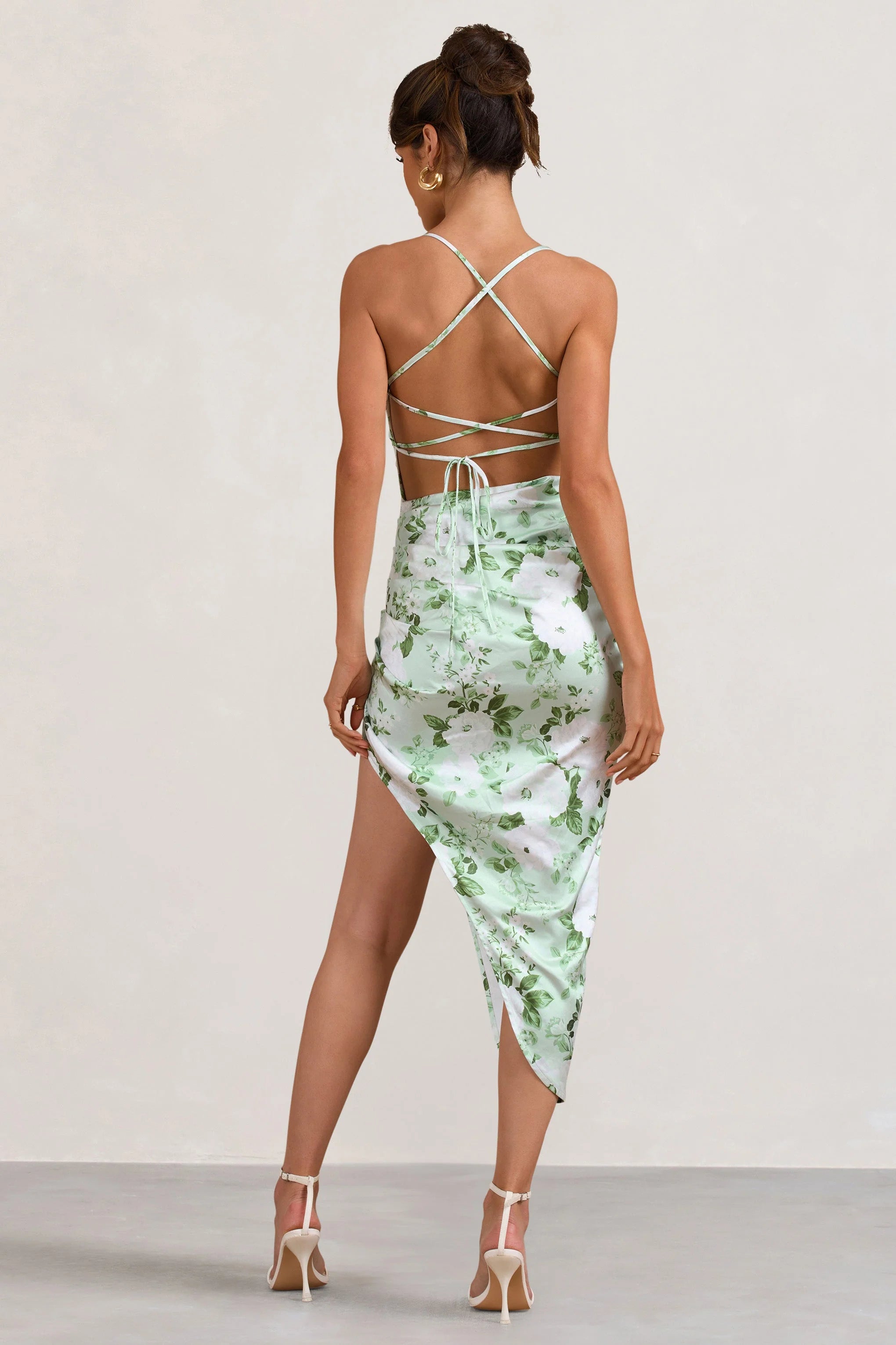 Risk It All | White & Green Floral Print Satin Cowl Asymmetric Midi Dress