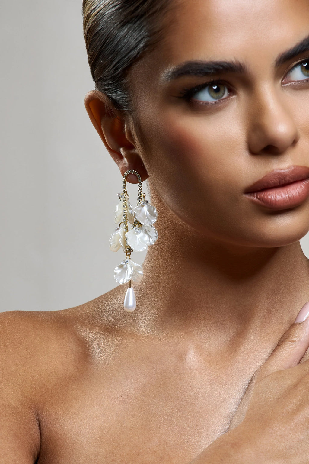Lavinie | Gold Diamante Pearl Petal Dangle Earrings