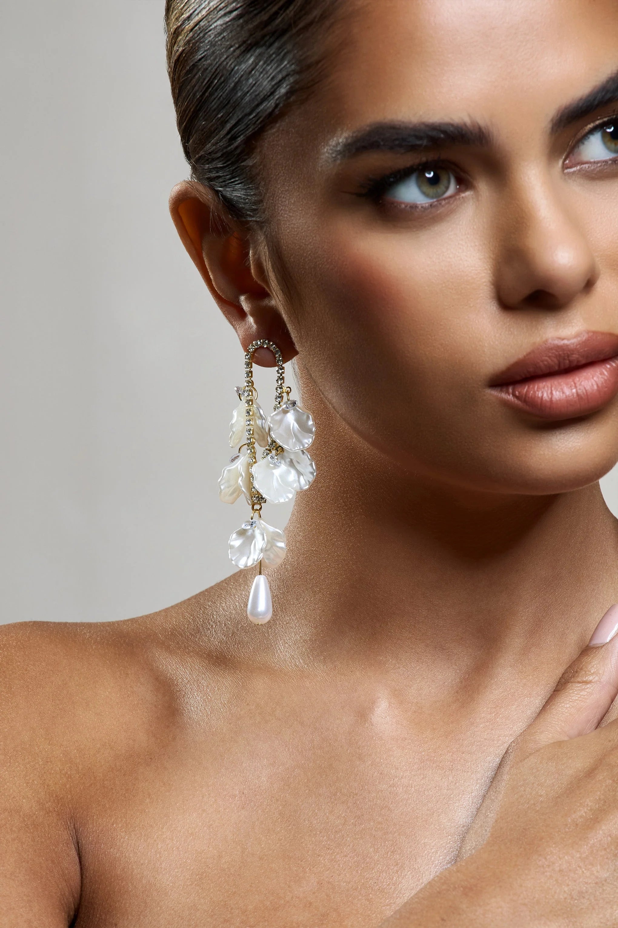 Lavinie | Gold Diamante Pearl Petal Dangle Earrings