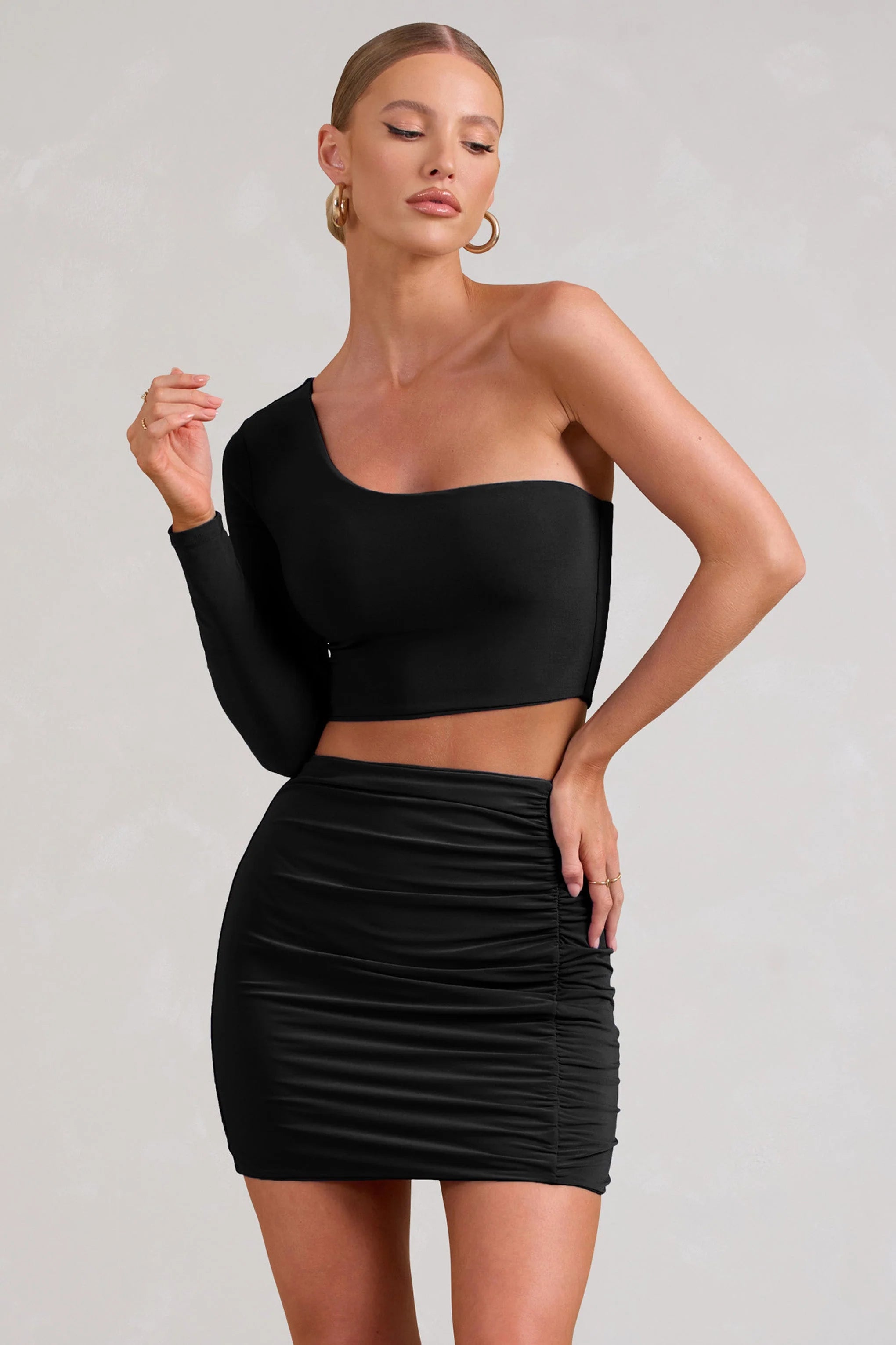 Step Up | Black Long Sleeve One Shoulder Crop Top