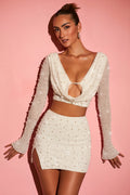 Long Sleeve Deep Plunge Crop Top in White