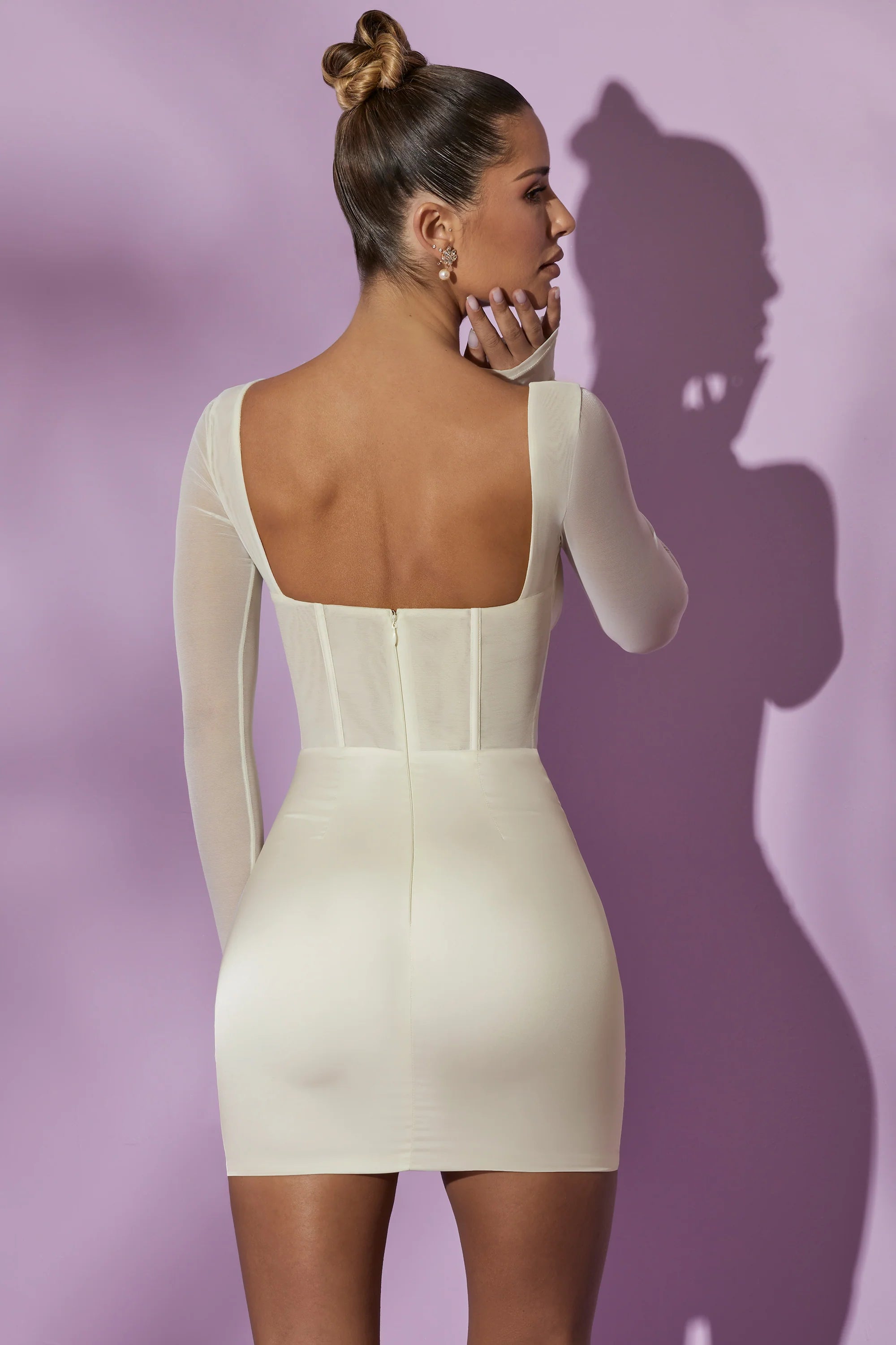 Long Sleeve Mesh Corset Mini Dress in White