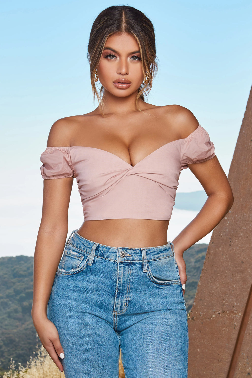 Fresh Crop Twist Front Puff Sleeve Crop Top in Blush
