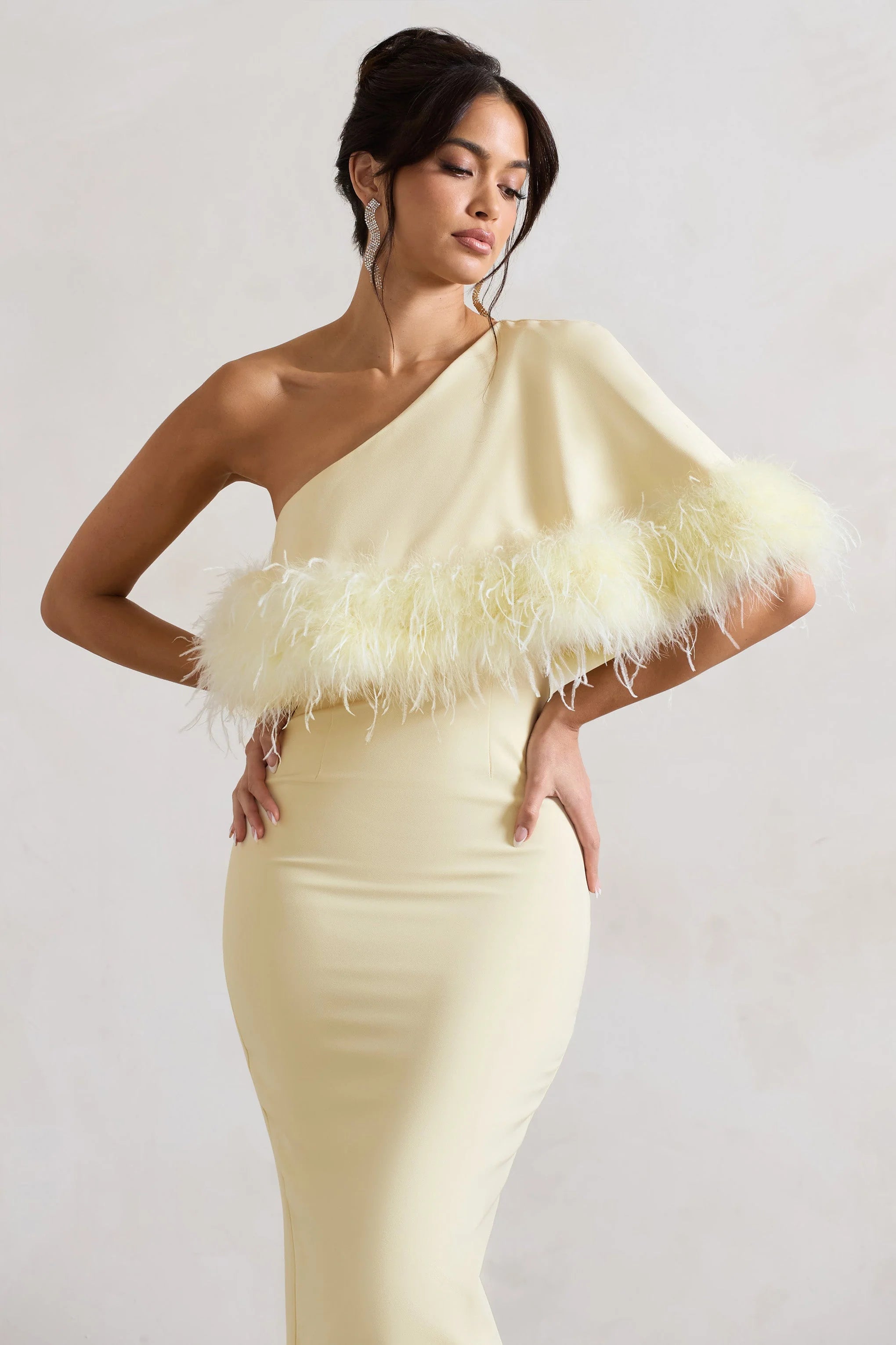 Victory | Lemon Asymmetric Midi Dress With Feather Trim