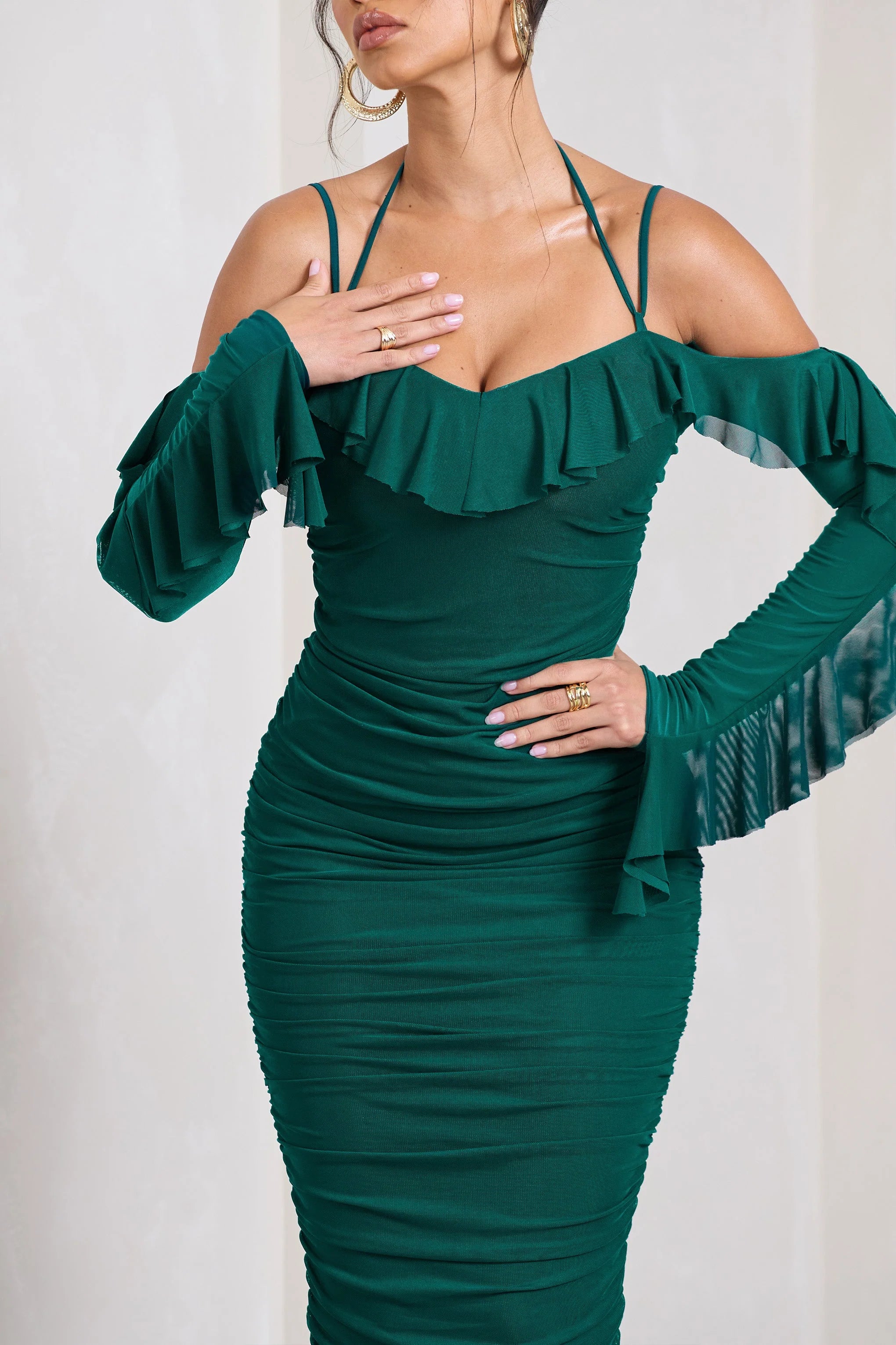 Quinn | Bottle Green Ruched Strappy Long-Sleeved Midi Dress With Ruffles