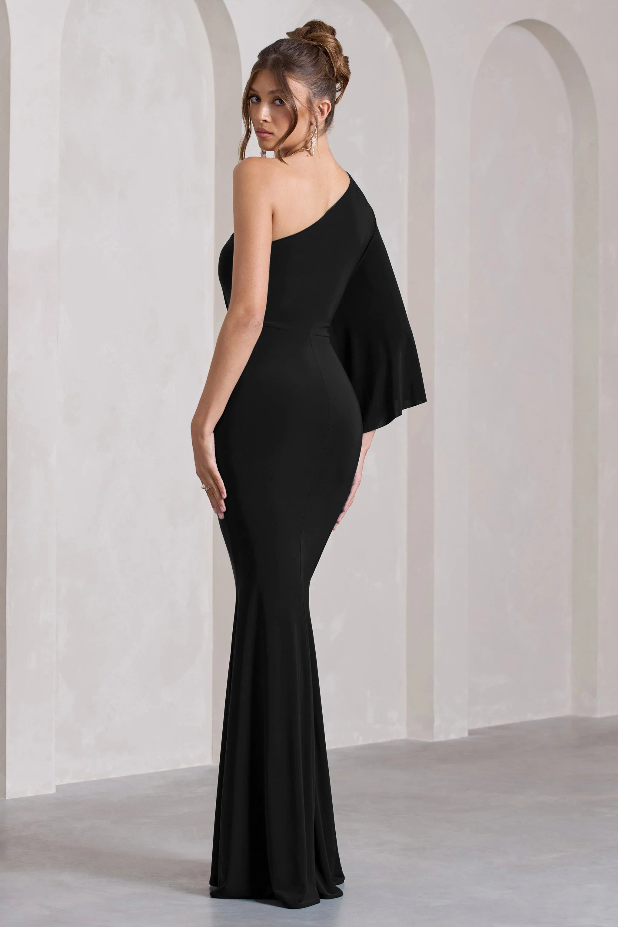 Luciana | Black Asymmetric Maxi Dress With Drape Sleeve