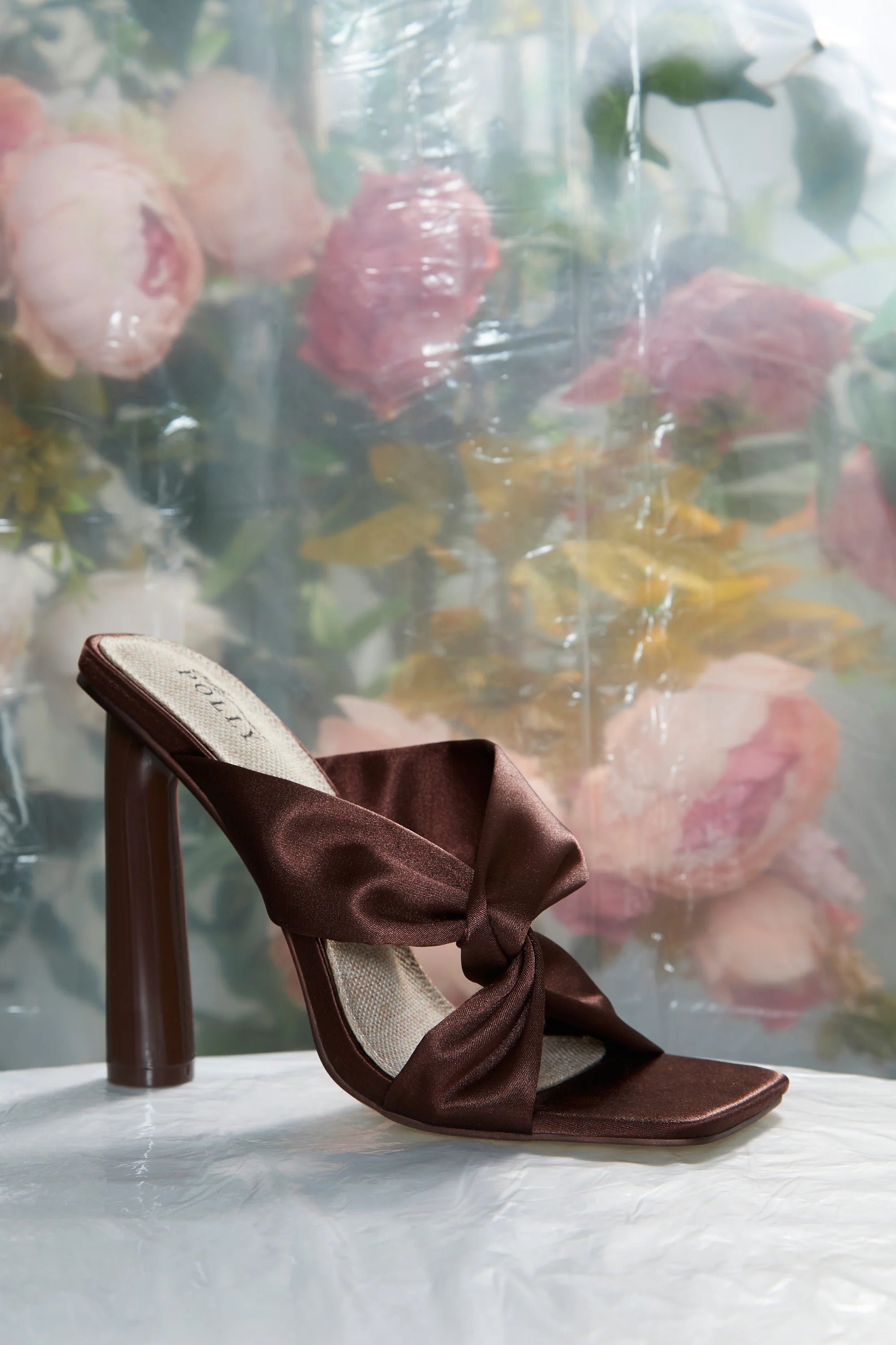 Satin Mule Heels in Mocha
