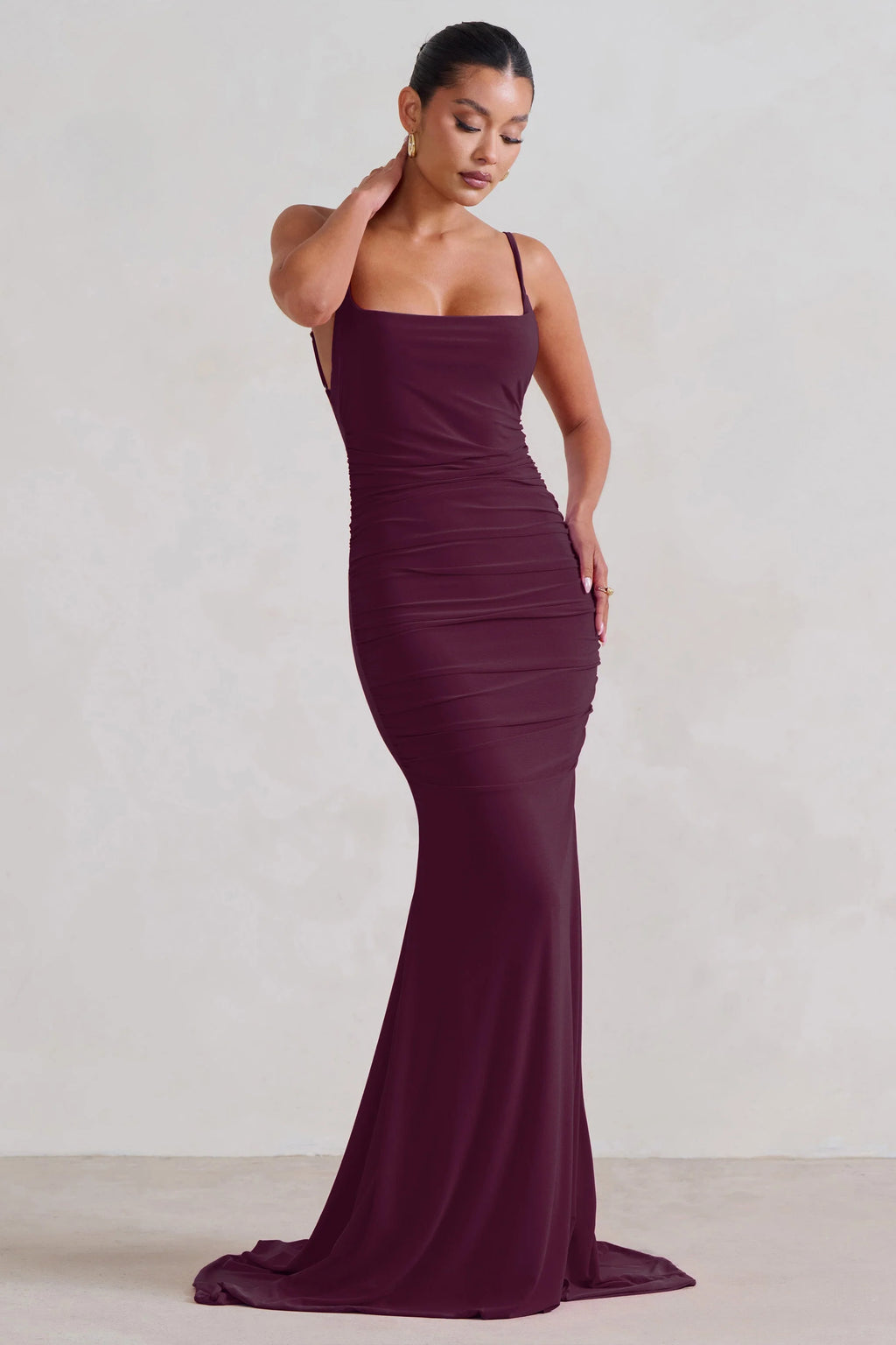 Adele | Plum Backless Ruched Fishtail Cami Maxi Dress