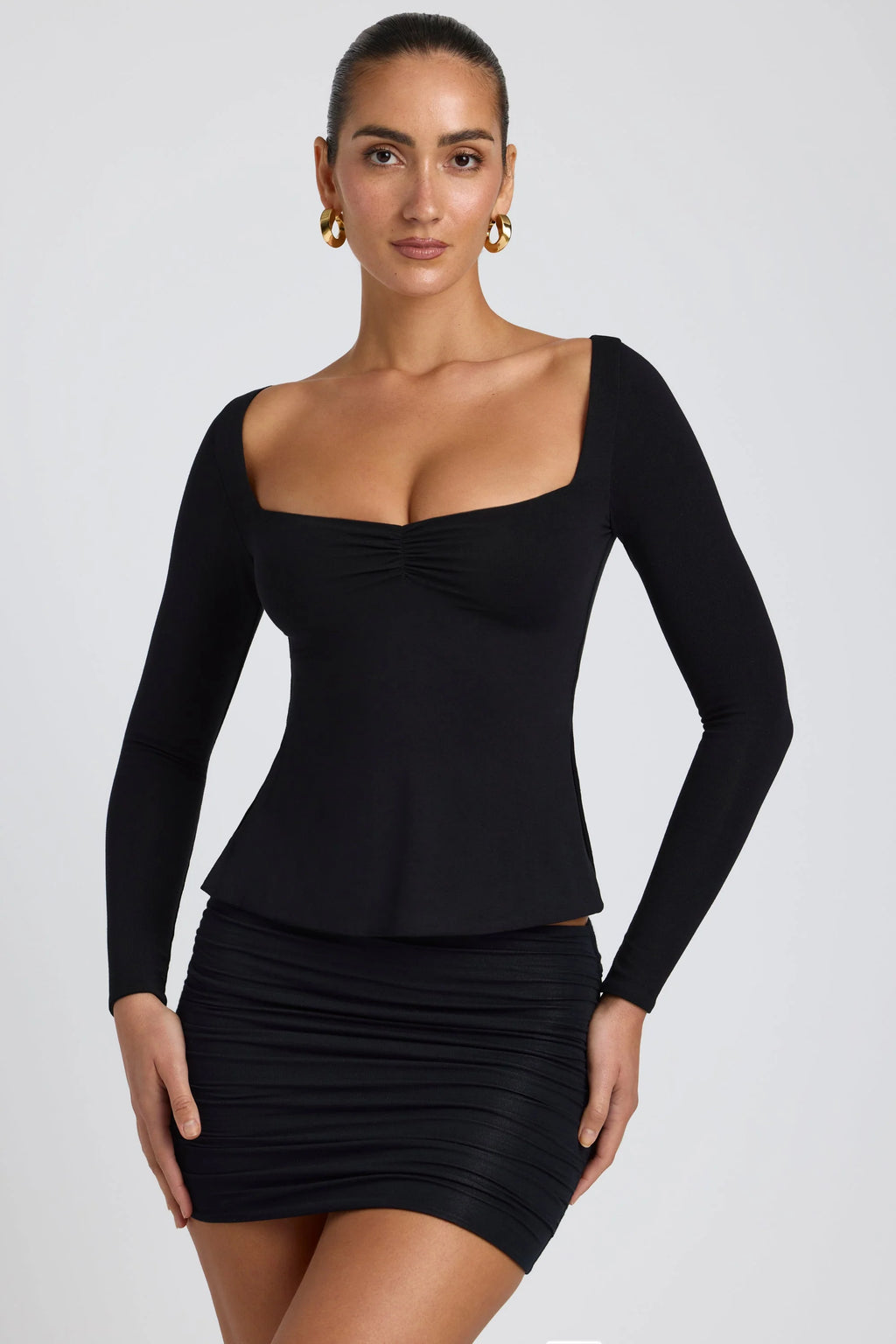 Modal Sweetheart Neckline Long Sleeve Top in Black