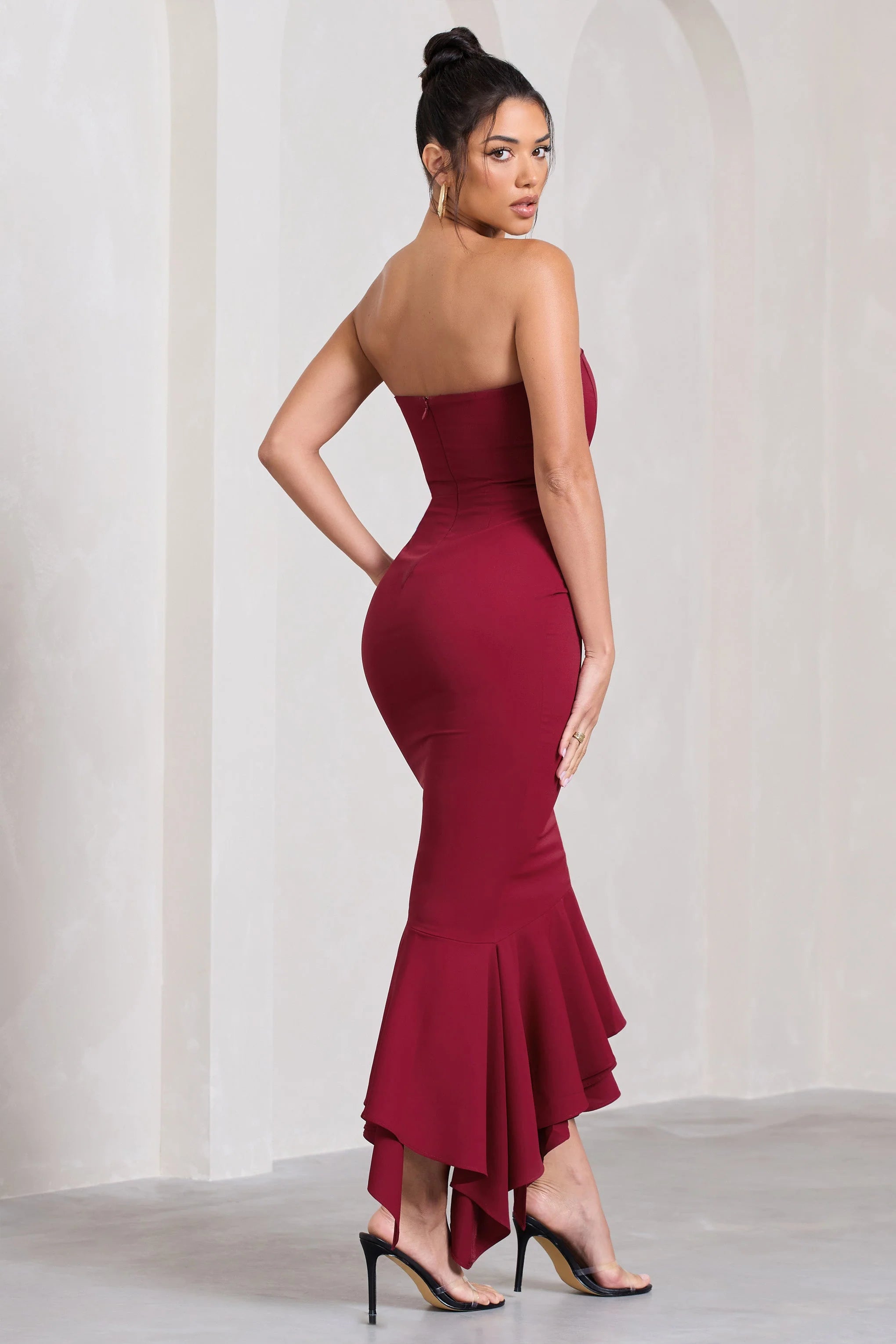 Sandy | Berry Strapless Corset Asymmetric Maxi Dress