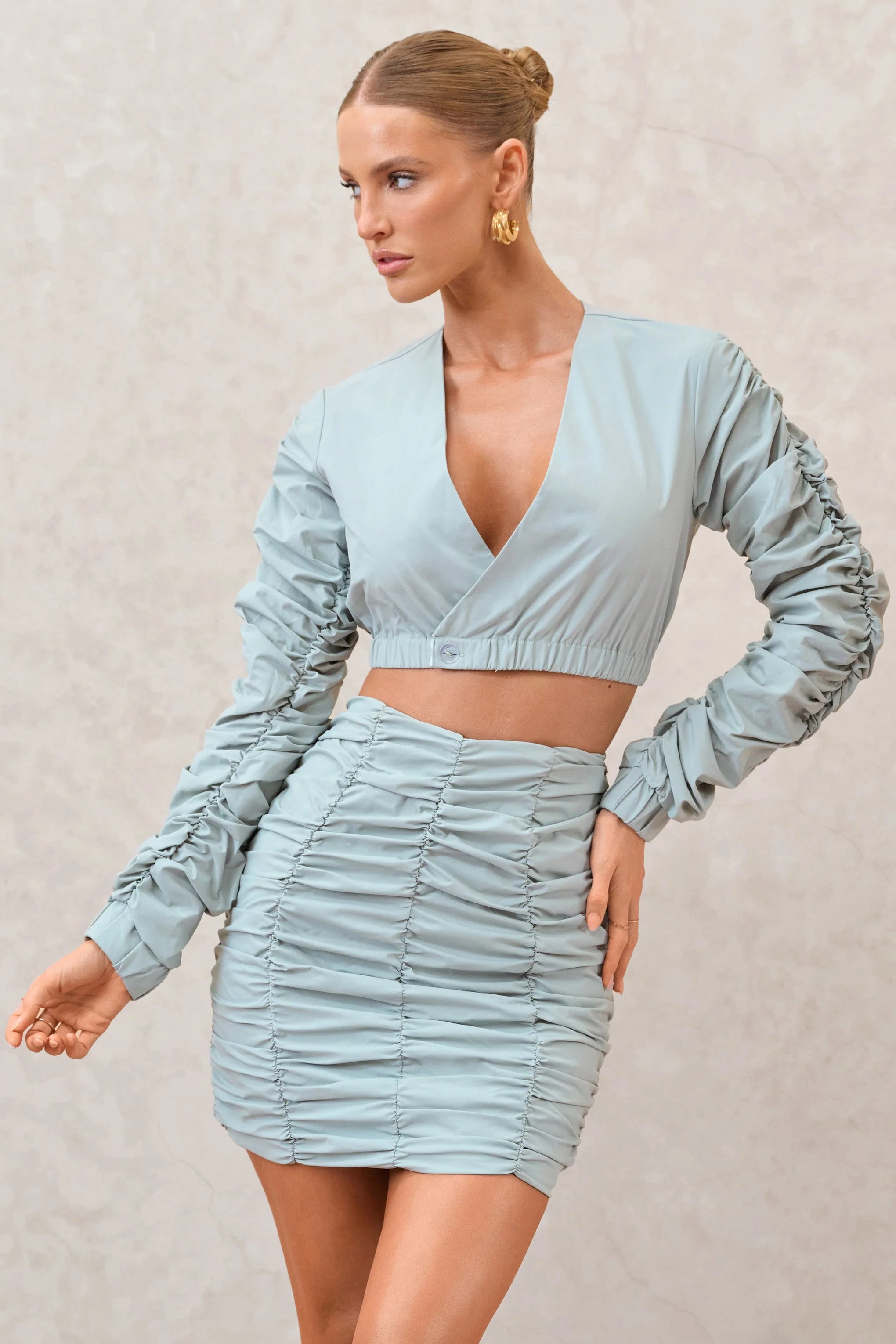 Sundown | Sage Ruched Sleeve Wrap Detail Cropped Shirt