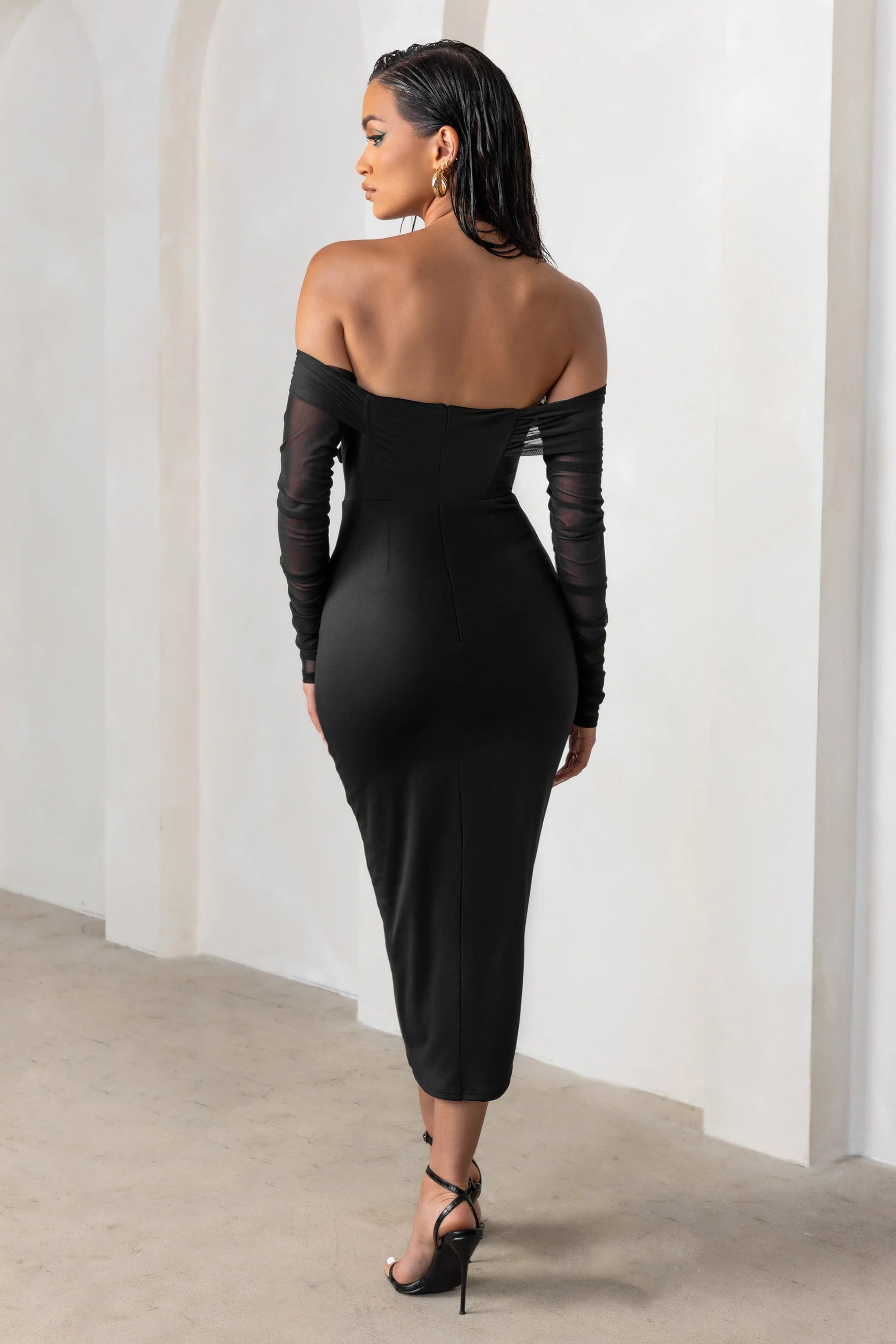 Precious Treasure | Black Bardot Corset Buckle Detail Midi Dress With Mesh Sleeves