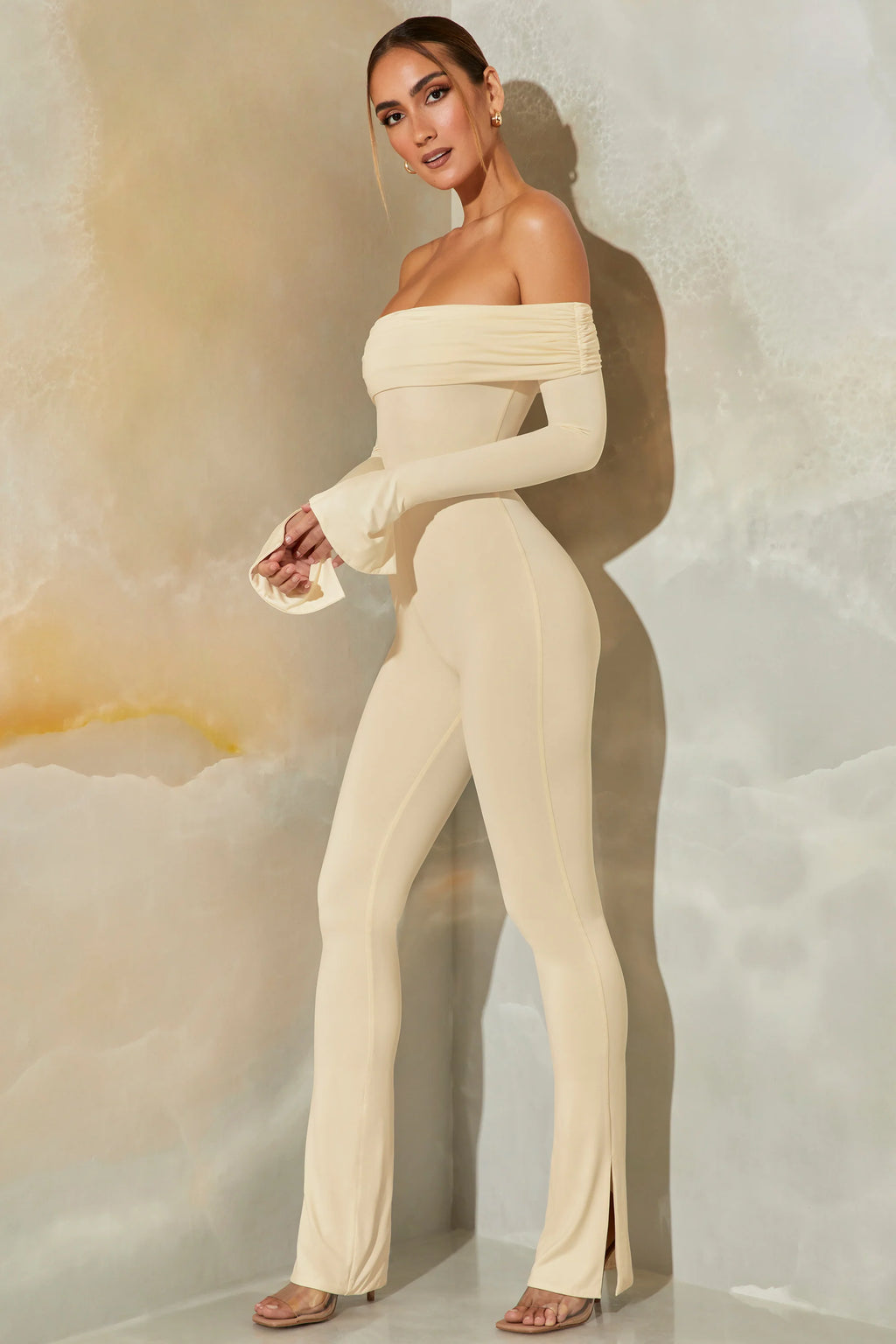 Tall Long Sleeve Open Back Jumpsuit in Stone