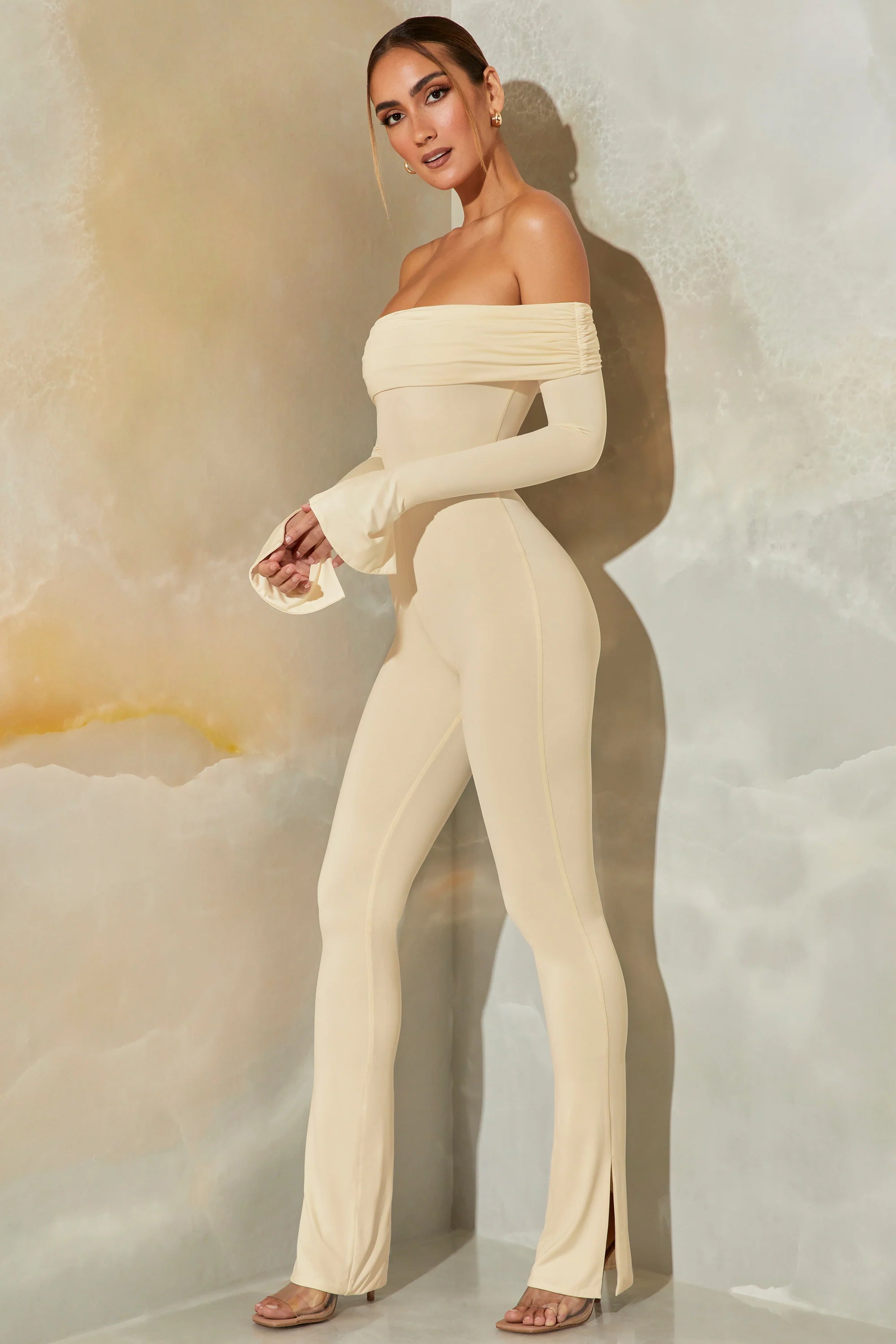 Tall Long Sleeve Open Back Jumpsuit in Stone
