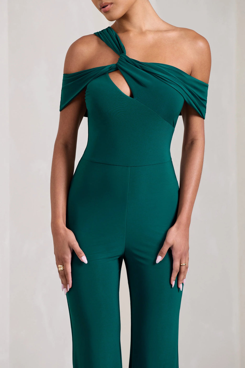 Striking | Bottle Green Strappy Asymmetric Flared-Leg Jumpsuit