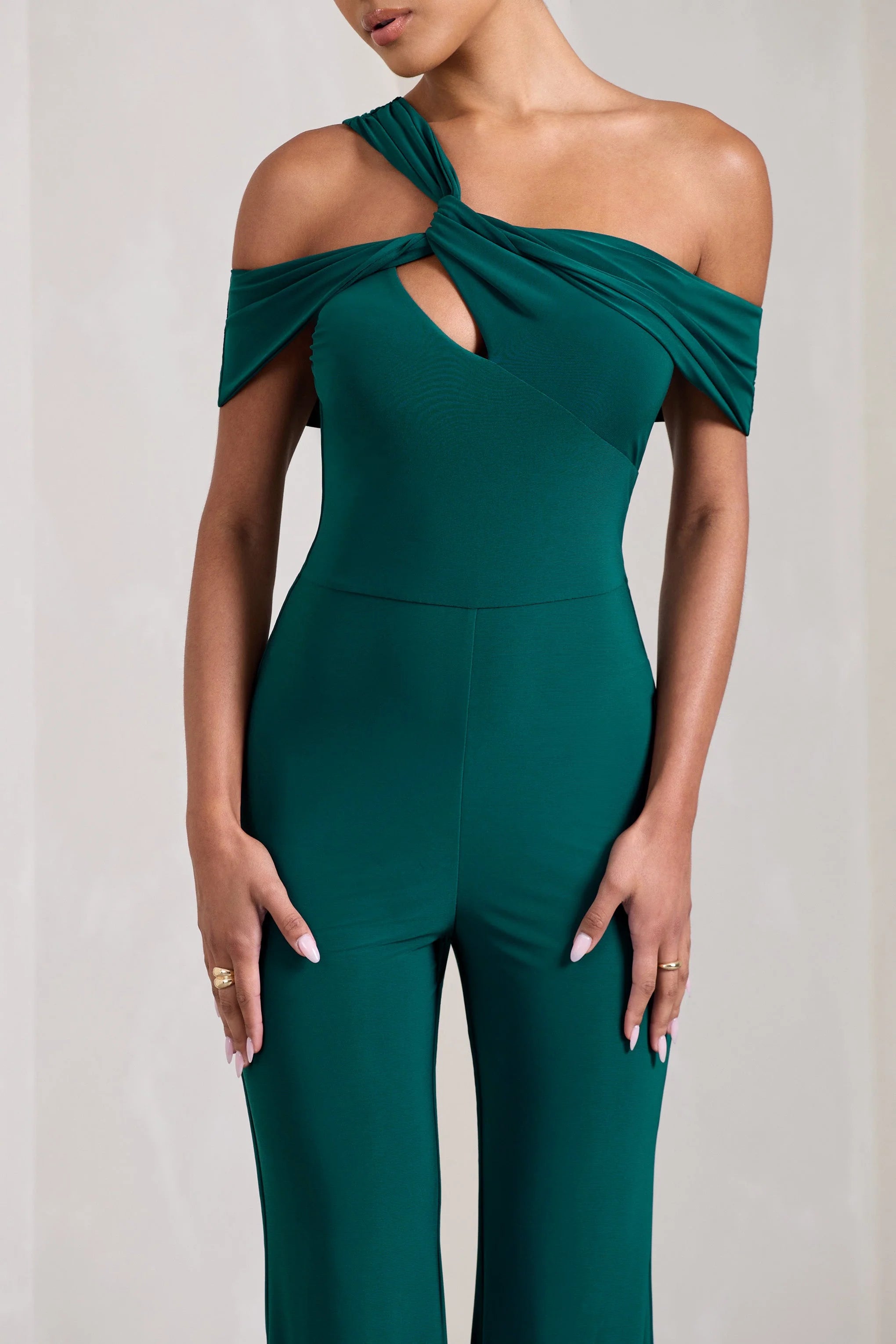 Striking | Bottle Green Strappy Asymmetric Flared-Leg Jumpsuit