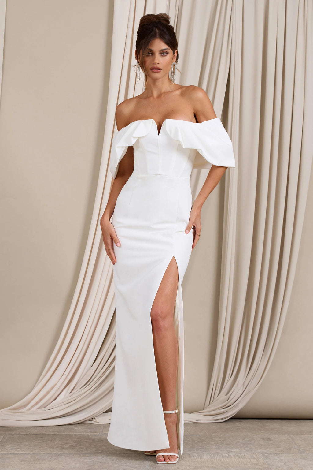 Graces | White Structured Bardot Split Maxi Dress