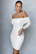 Minnie | White Ruched Mesh Bardot Bodycon Mini Dress
