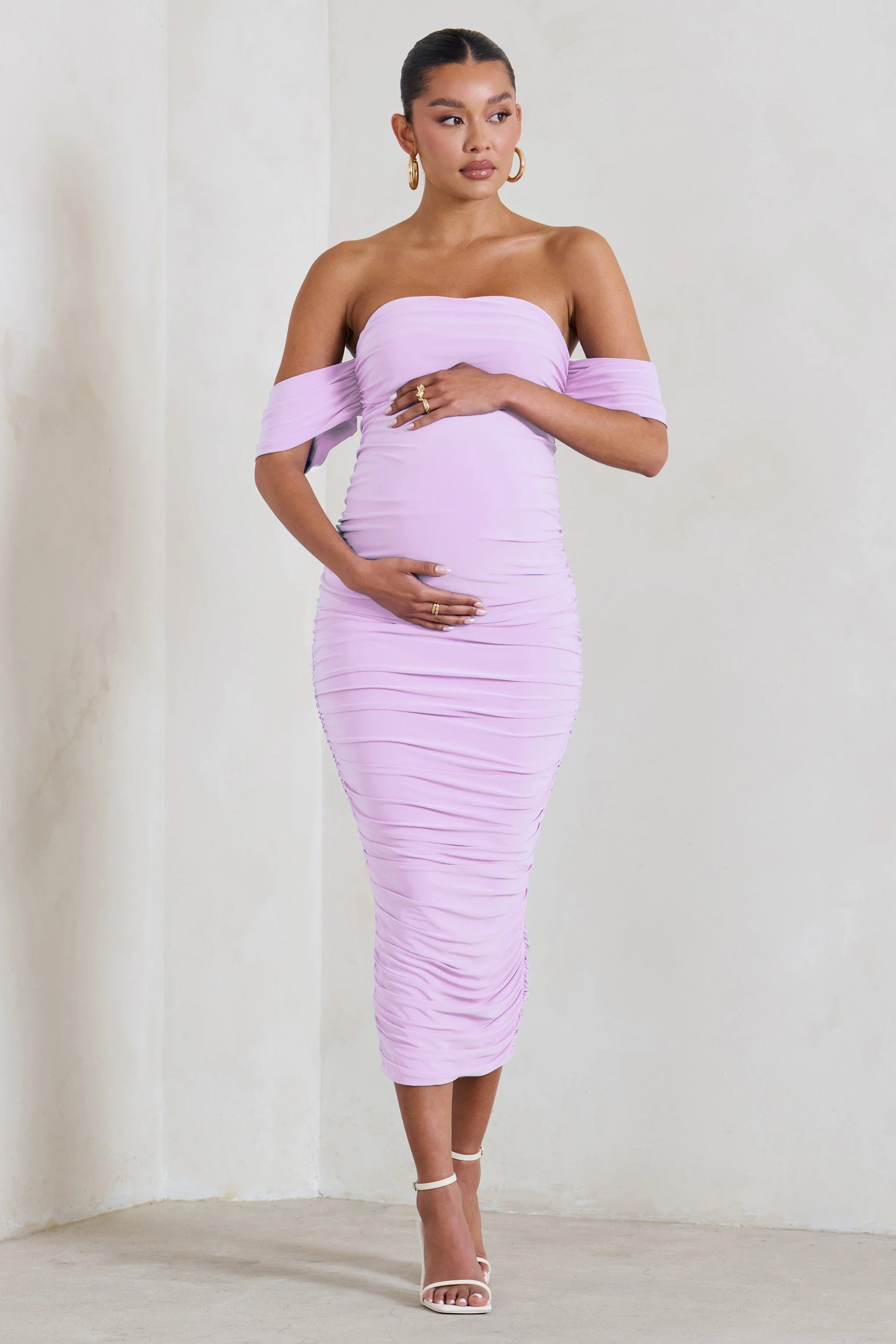 Plus One | Lilac Maternity Ruched Bardot Midi Dress