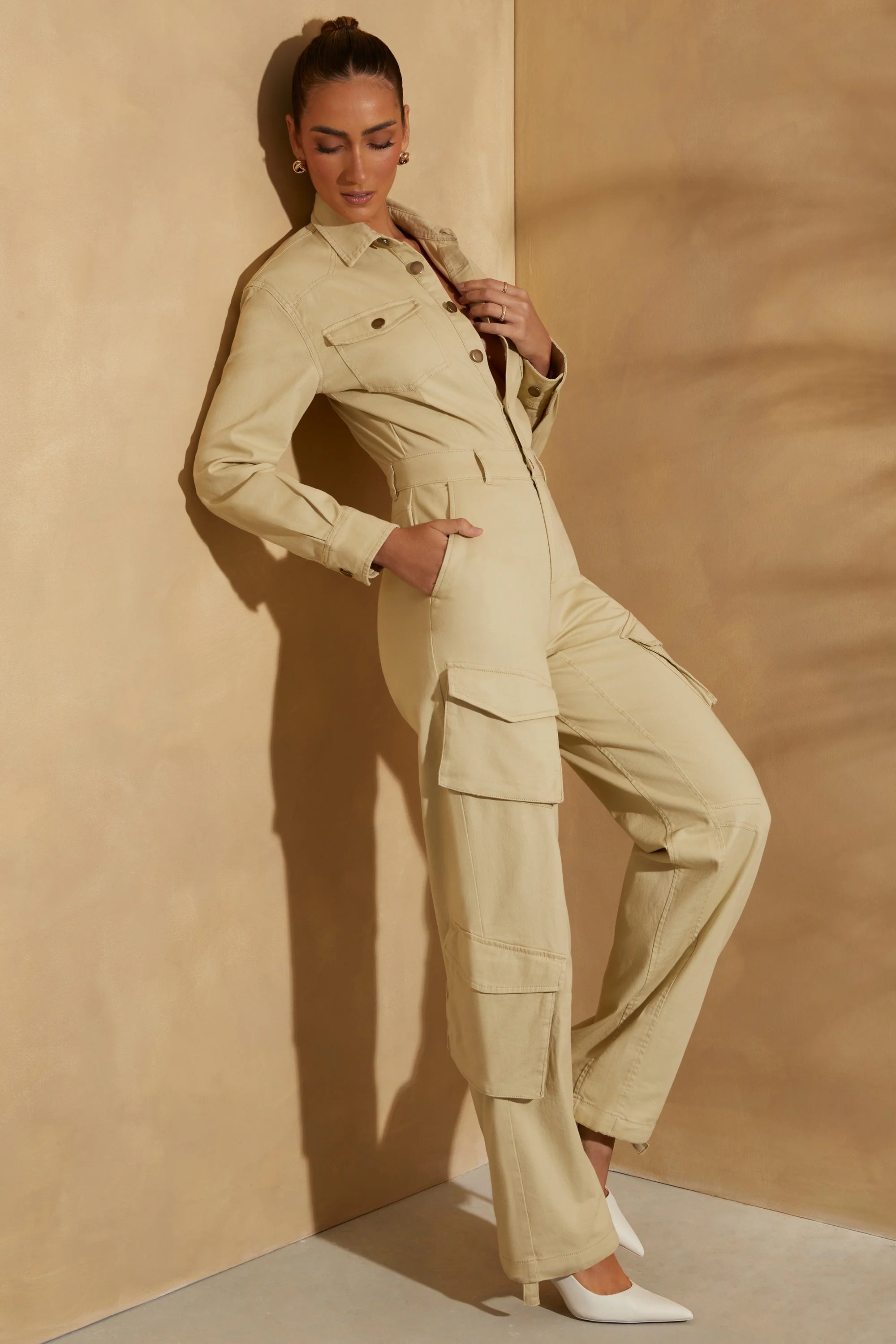 Petite Wide Leg Long Sleeve Cargo Jumpsuit in Sage