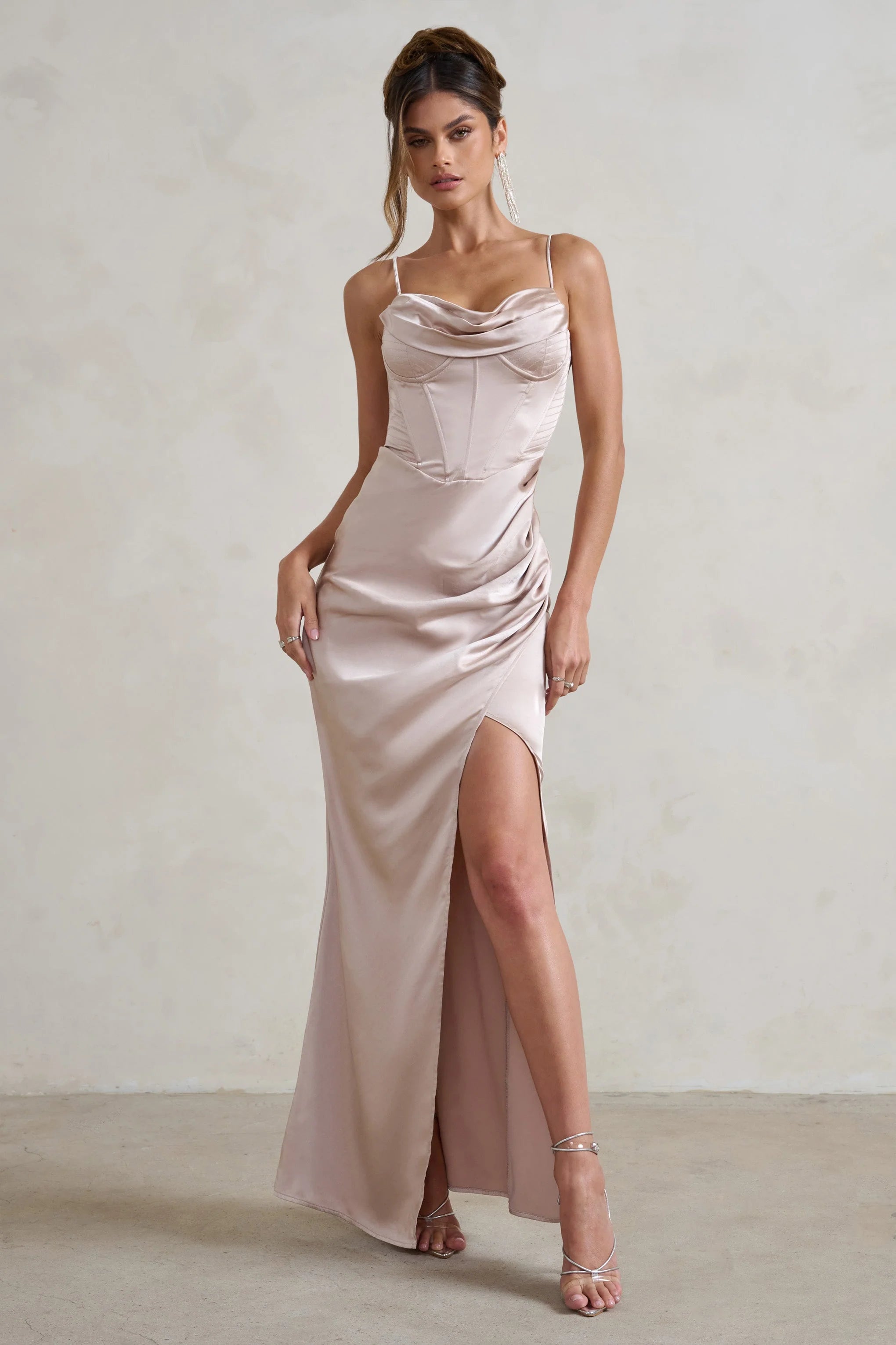 Starlight | Champagne Cowl Corset Satin Wrap Maxi Dress