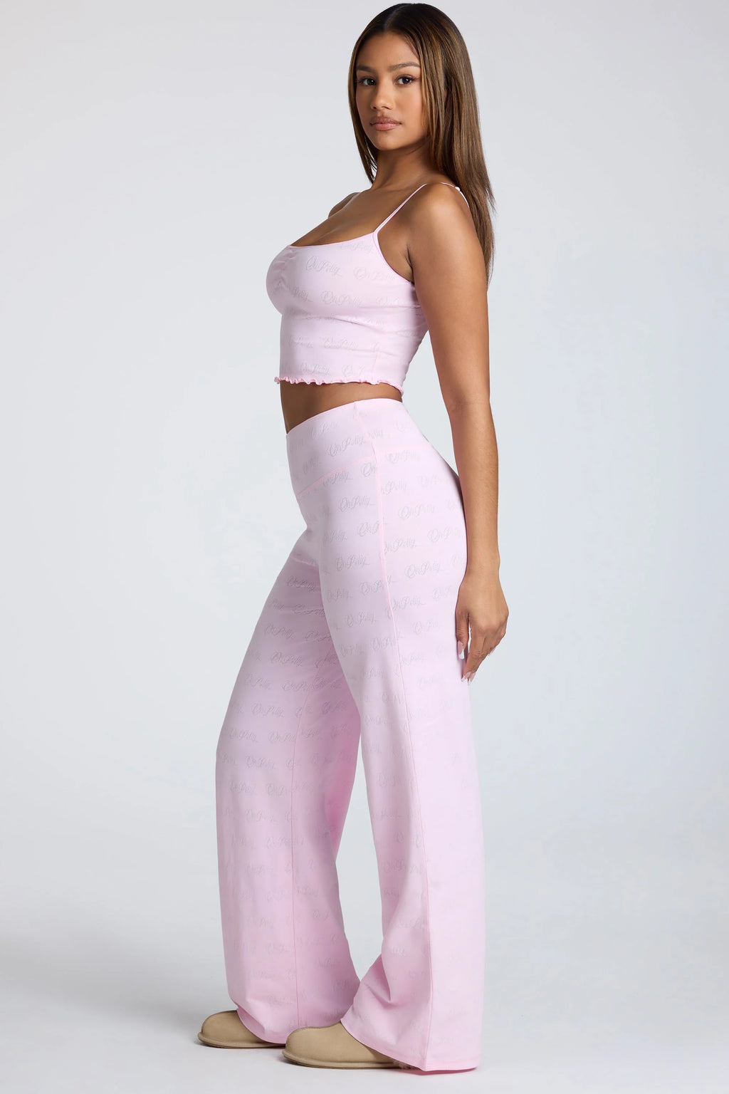 Tall Mid Rise Straight Leg Pointelle Trousers in Baby Pink