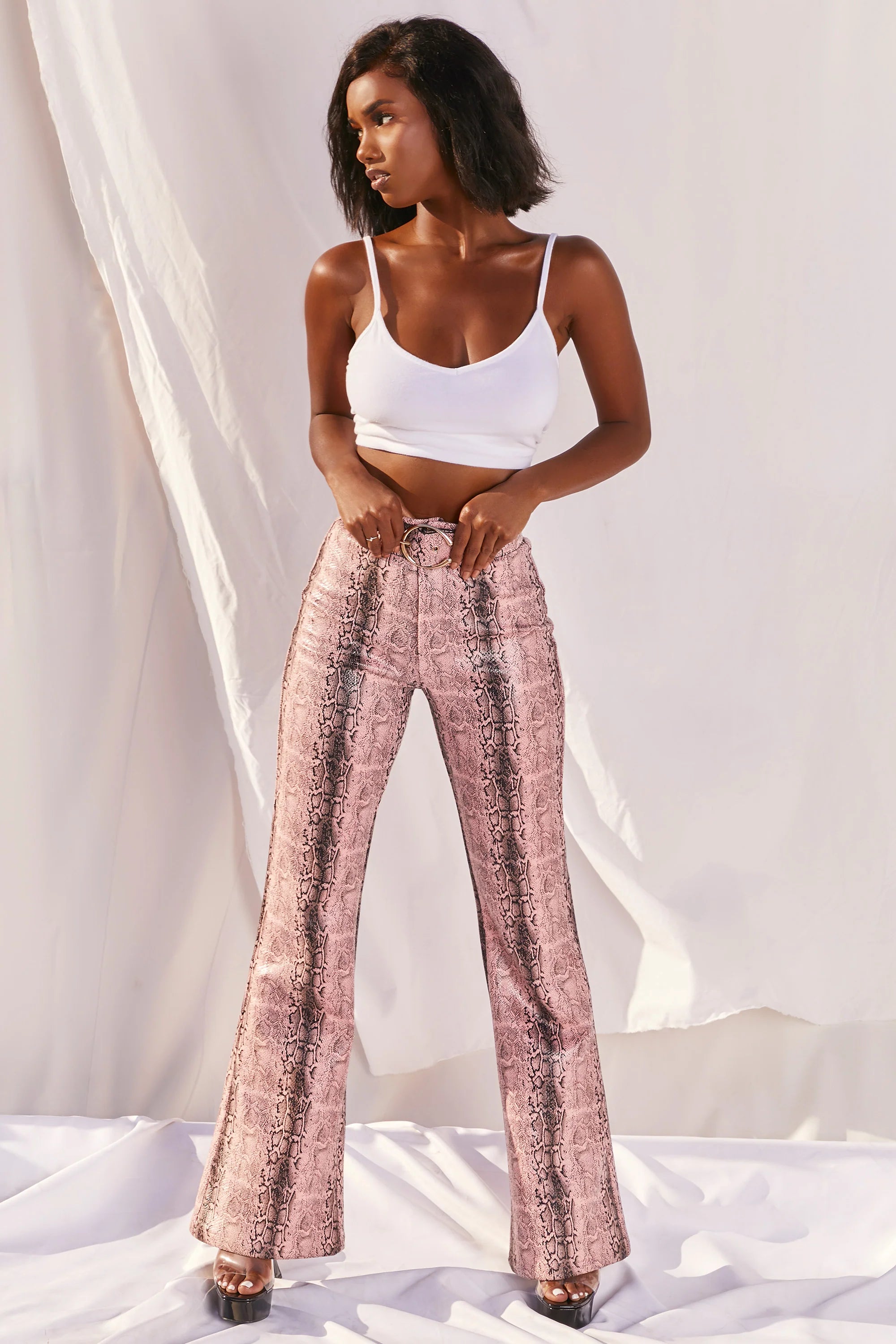 Drive ‘Em Wild Petite High Waisted Wide Leg Trousers in Pink Snake Print