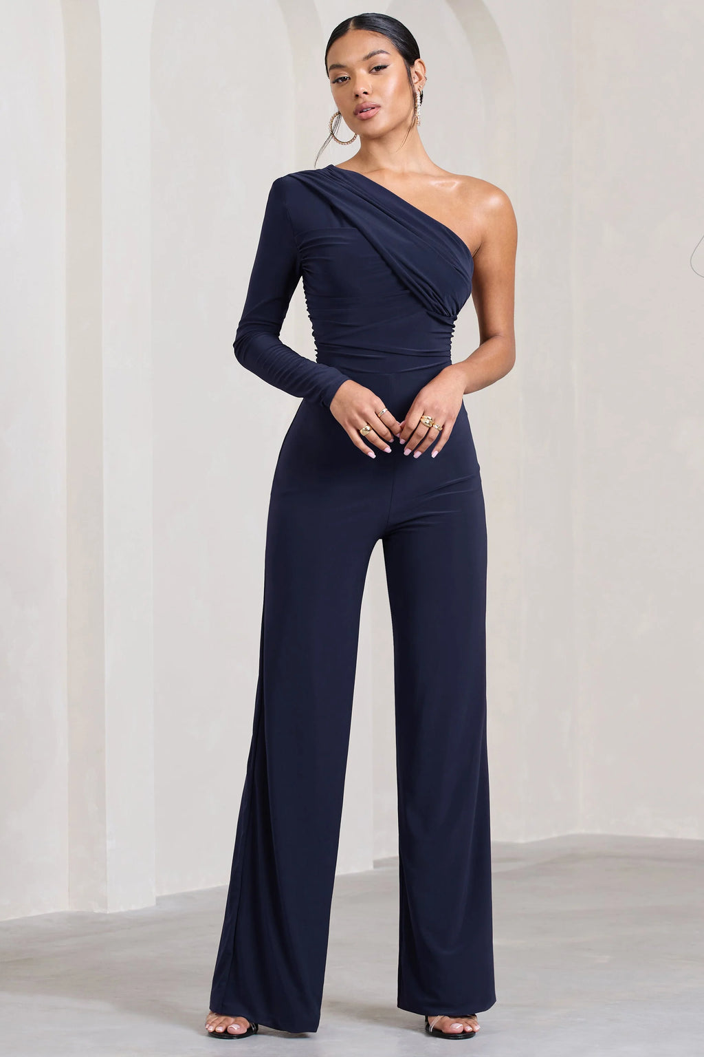 Mila | Navy One Shoulder Ruched Wide Leg Jumpsuit