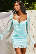 Angelic Mesh Long Sleeve Mini Dress in Turquoise