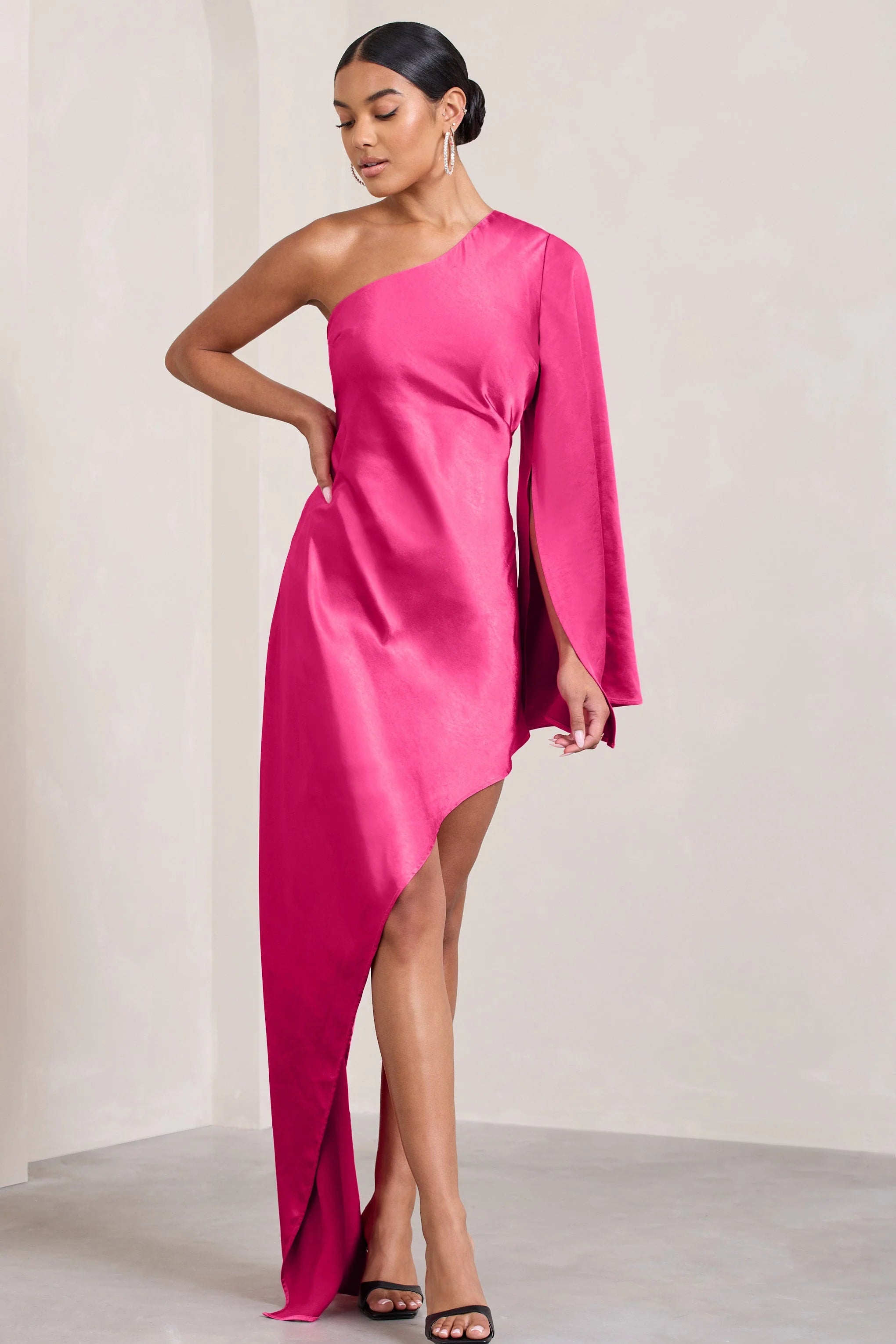 Hanna | Hot Pink Asymmetric Draped Satin Mini Dress