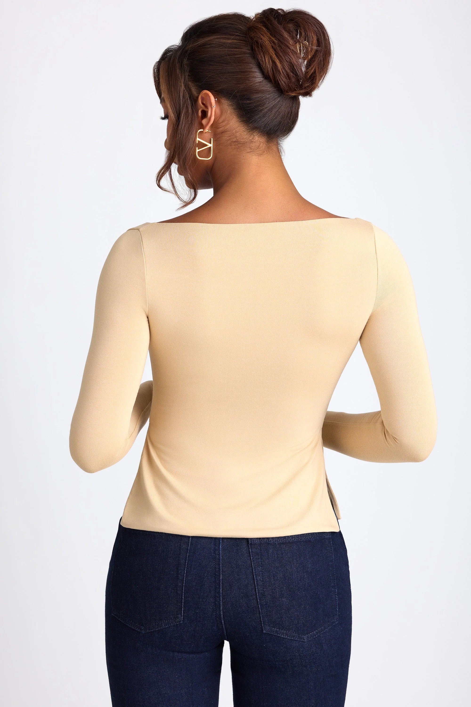 Modal Sweetheart Neckline Long Sleeve Top in Sand