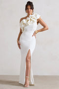 Vienne | White Asymmetric Ruffle Split Maxi Dress