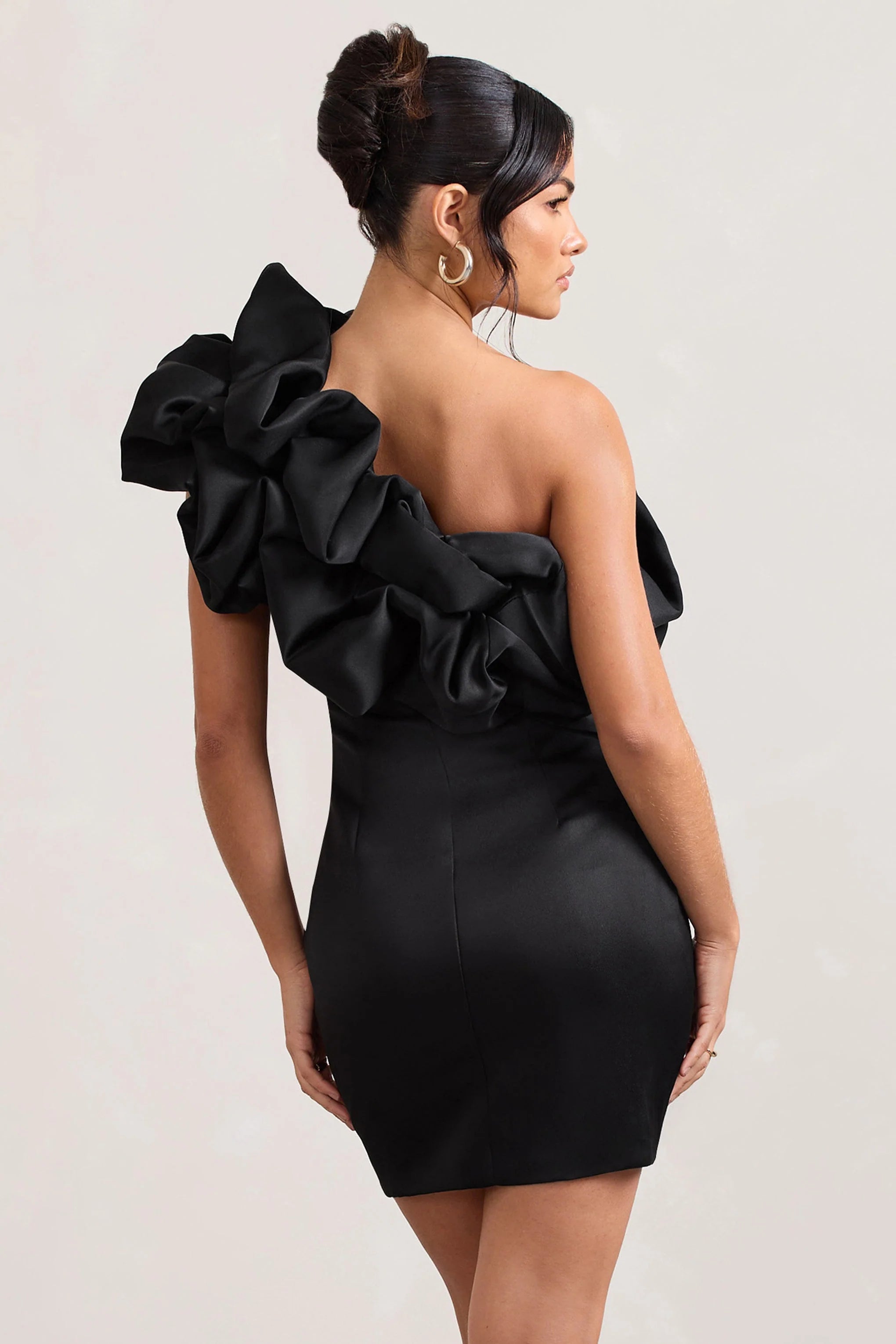 At The Opera | Black Satin Asymmetric Ruffled Mini Dress