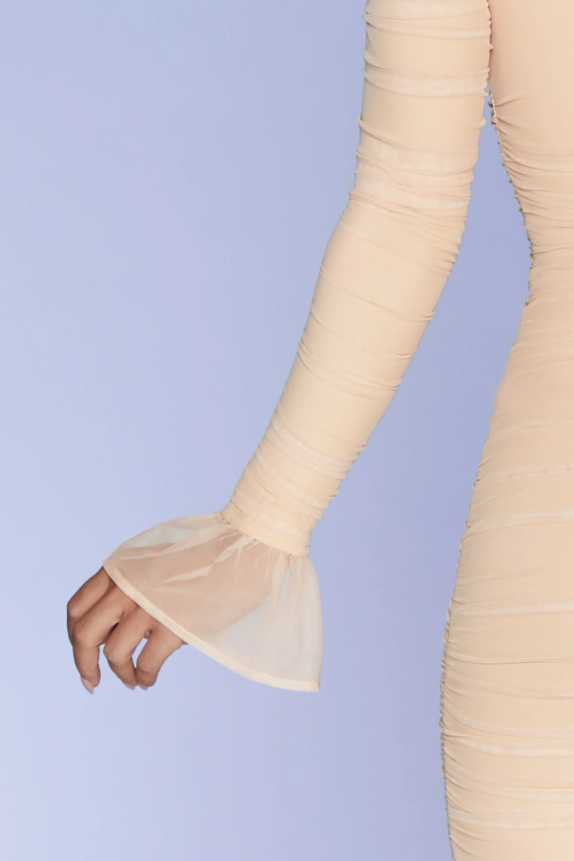 Ruched Mesh Cut Out Mini Dress in Sand