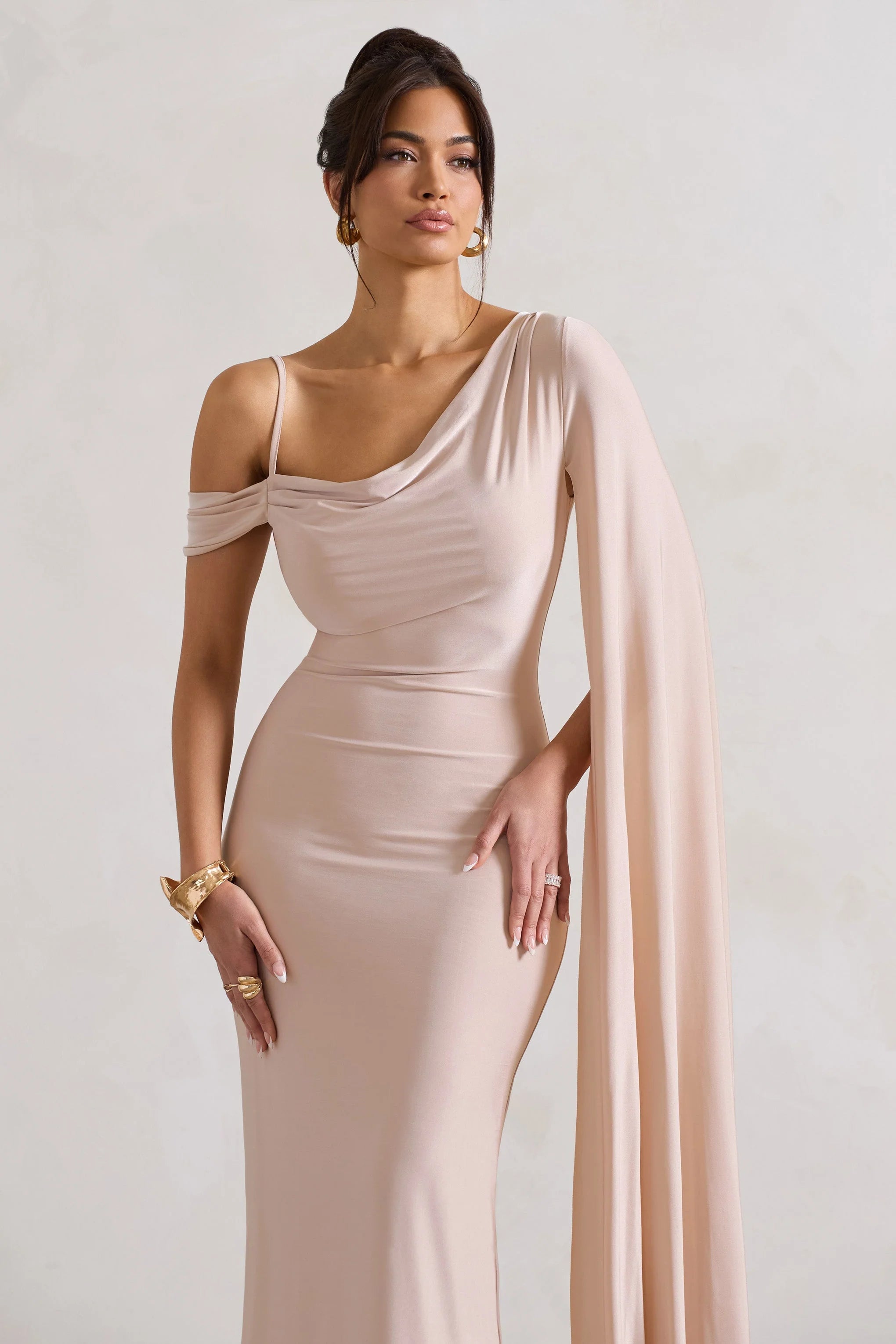 Pedra | Champagne Asymmetric Draped Maxi Dress With Sash