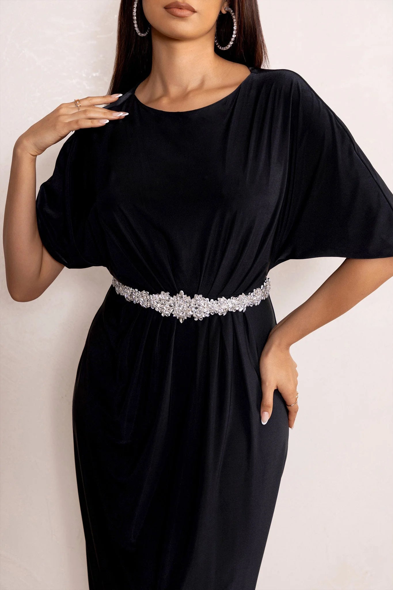 Polly | Black High Neck Maxi Dress with Waist Detailing and Cape Sleeves