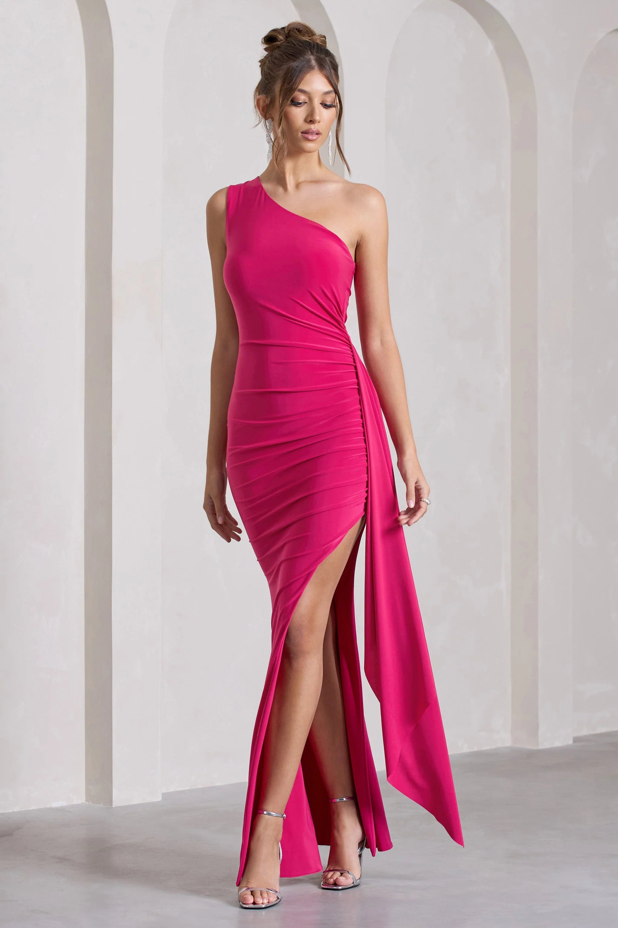 Rewind | Hot Pink Asymmetric Sleeveless Split Maxi Dress With Drape