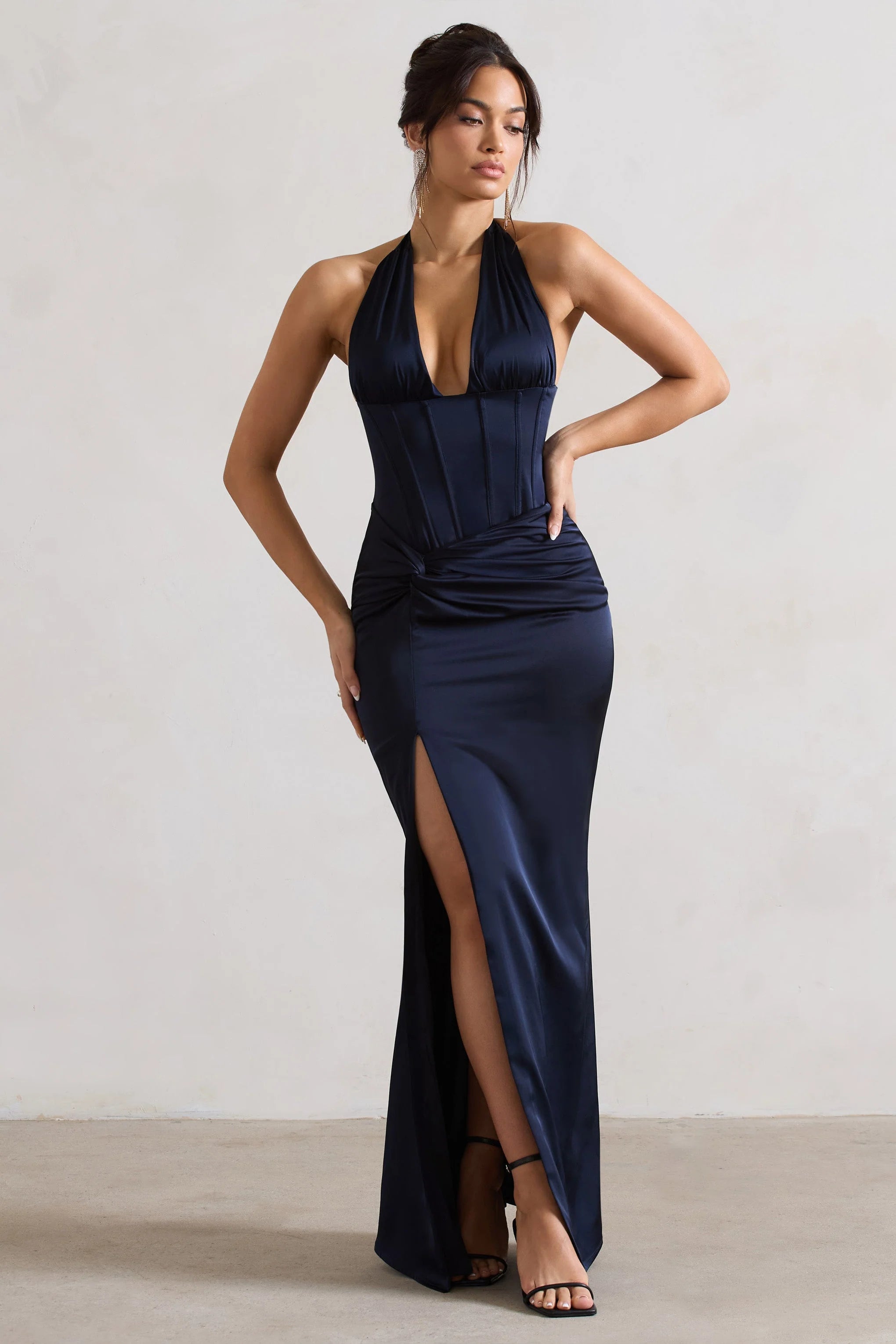 Sacha | Navy Satin Corset Style Maxi Dress With Wrap Skirt