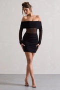 Dallas | Black Ruched Bardot Long-Sleeve Mini Dress