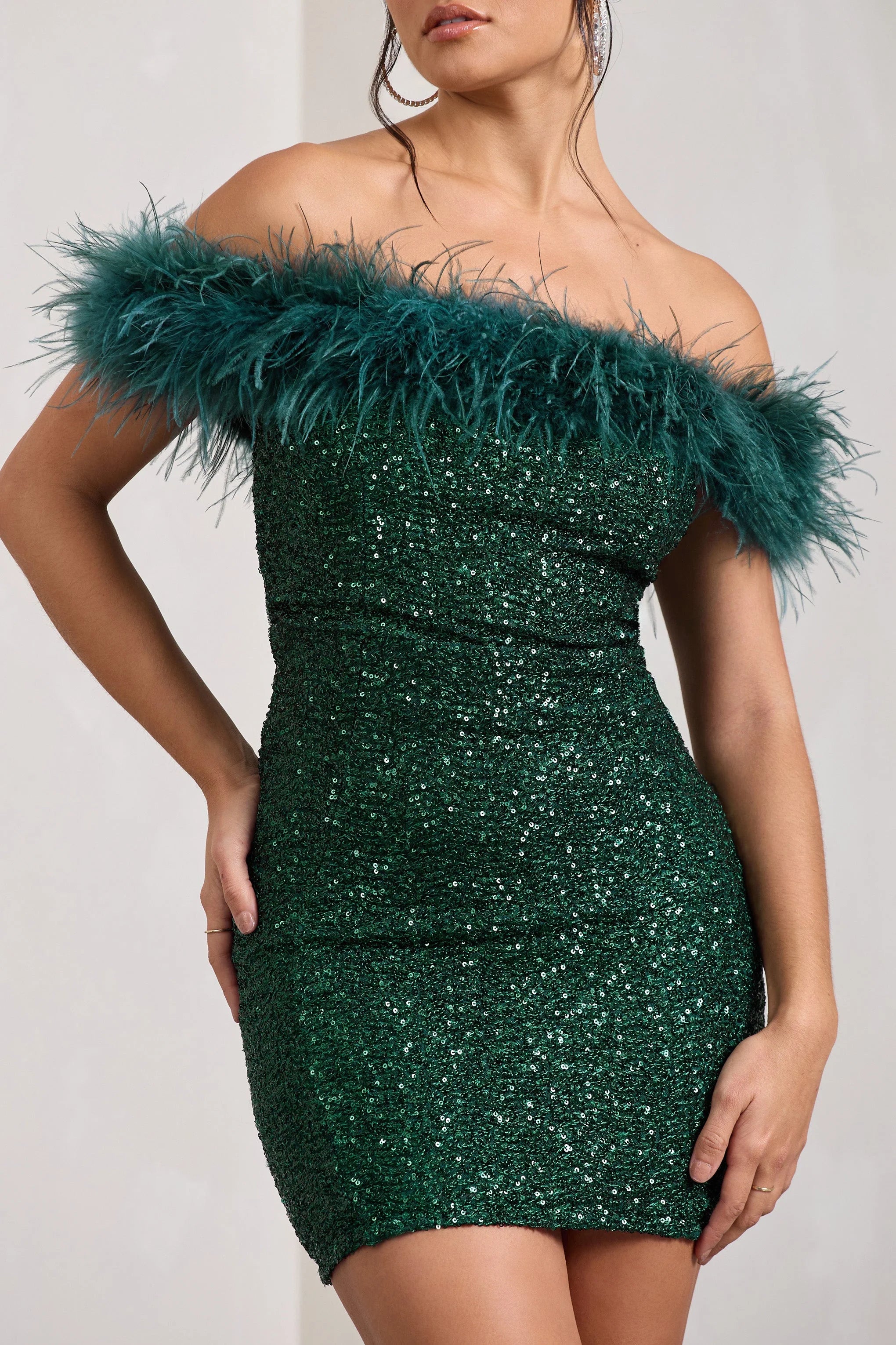 New Money | Green Bodycon Sequin Mini Dress With Feather Trim