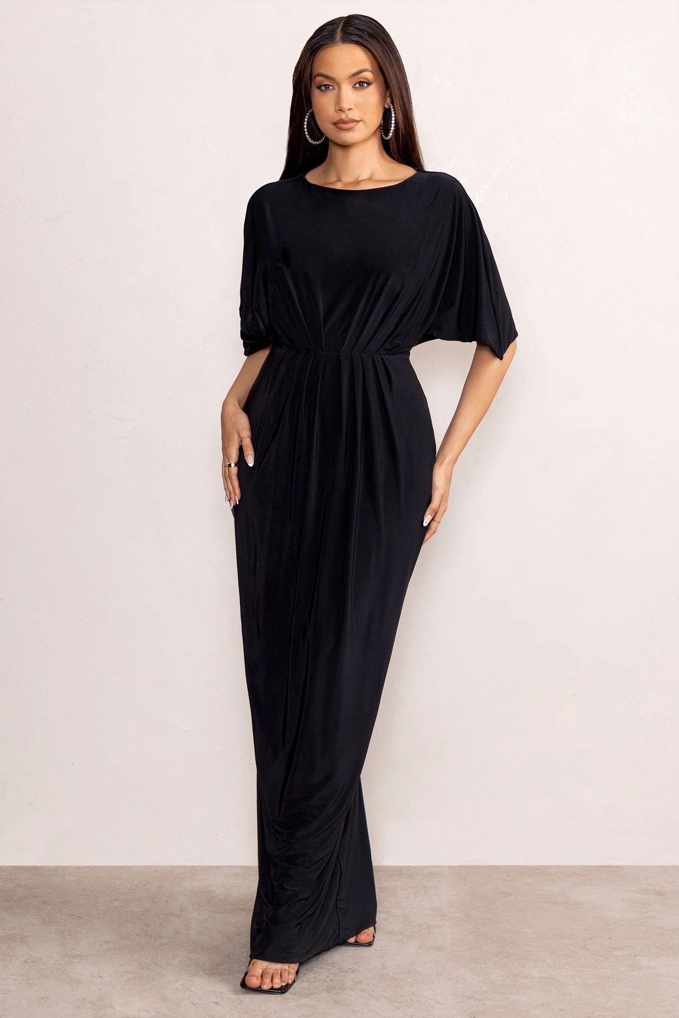 Polly | Black High Neck Maxi Dress with Waist Detailing and Cape Sleeves