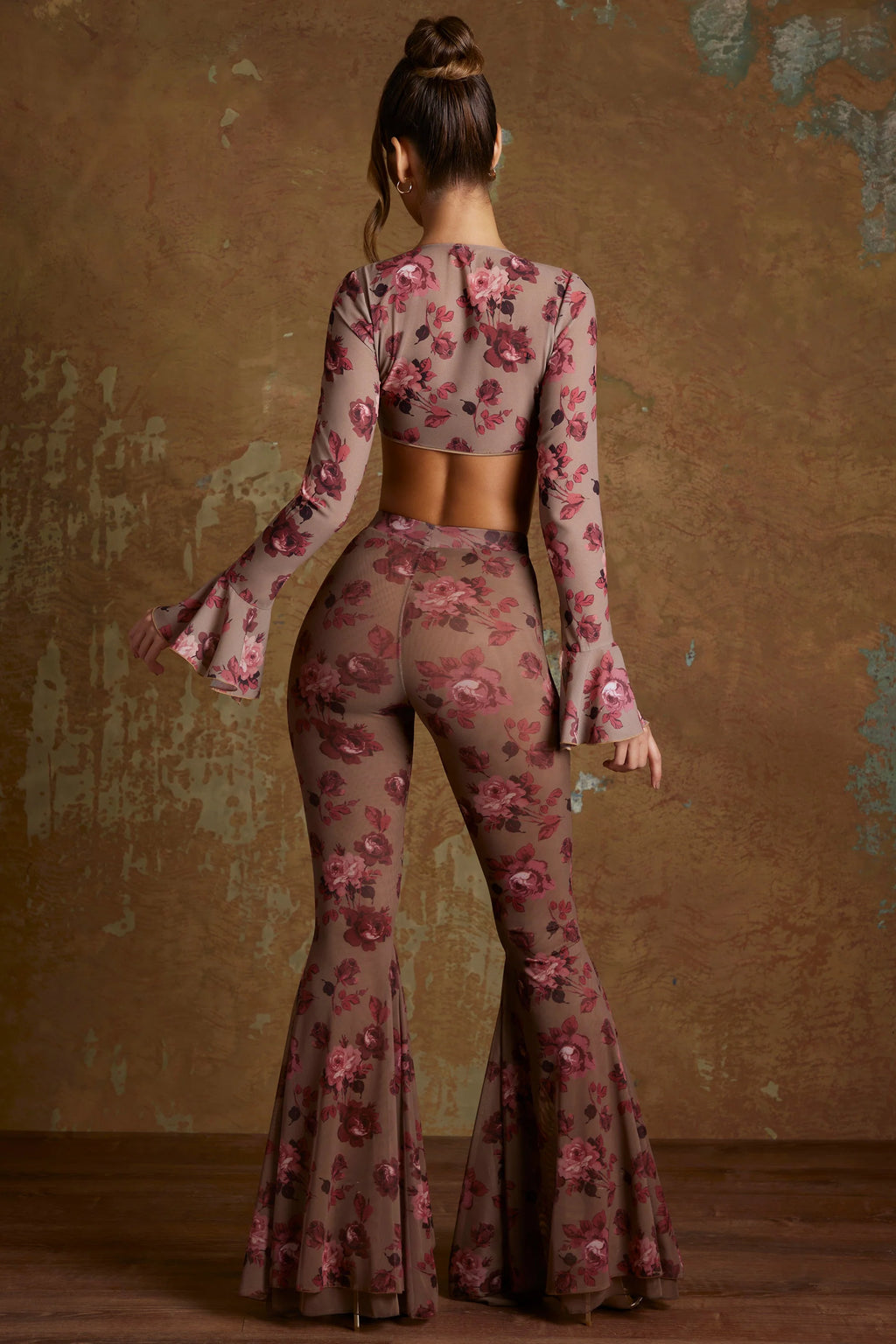 Tall Split Flare Ruffle Trousers in Beige Print