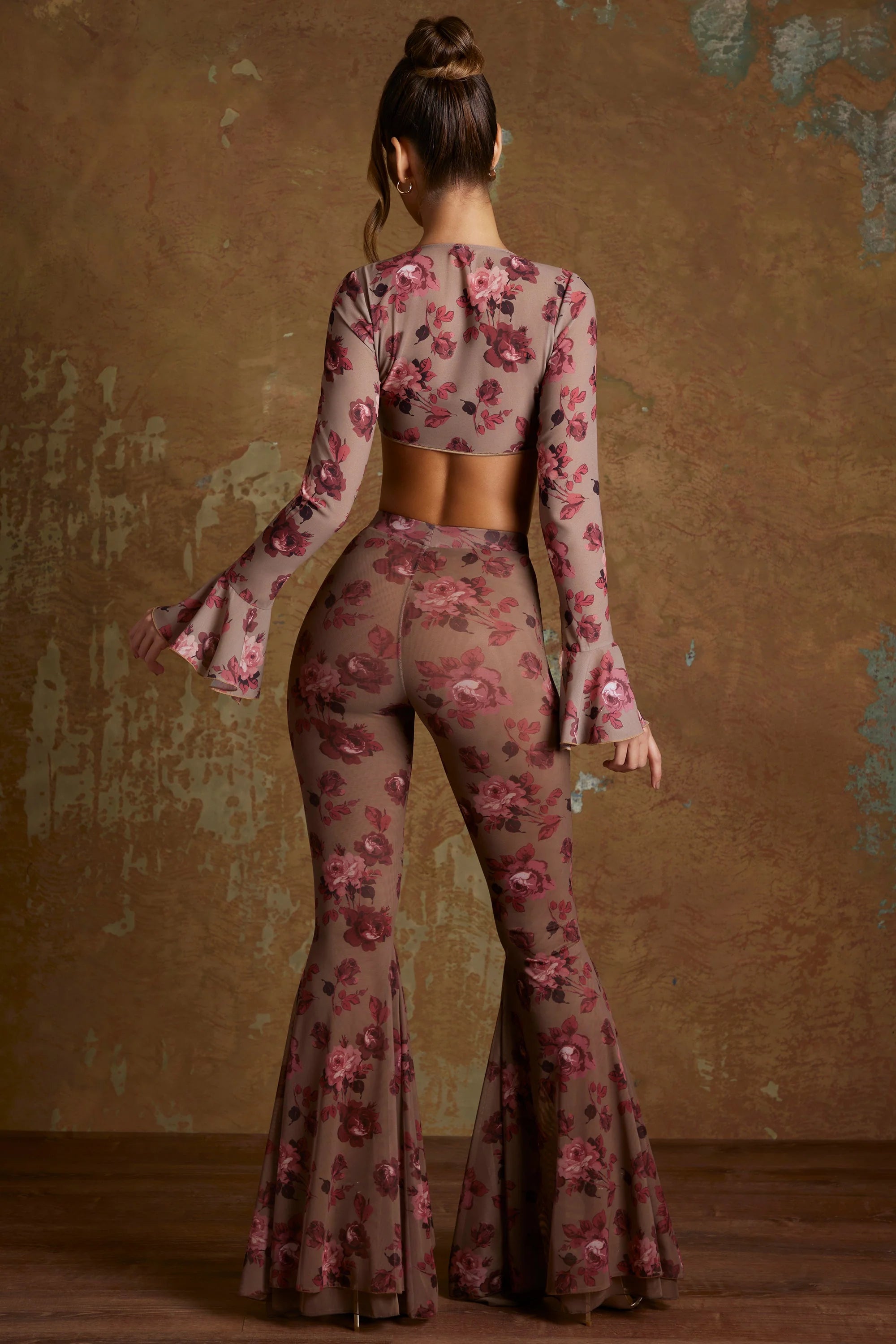 Tall Split Flare Ruffle Trousers in Beige Print