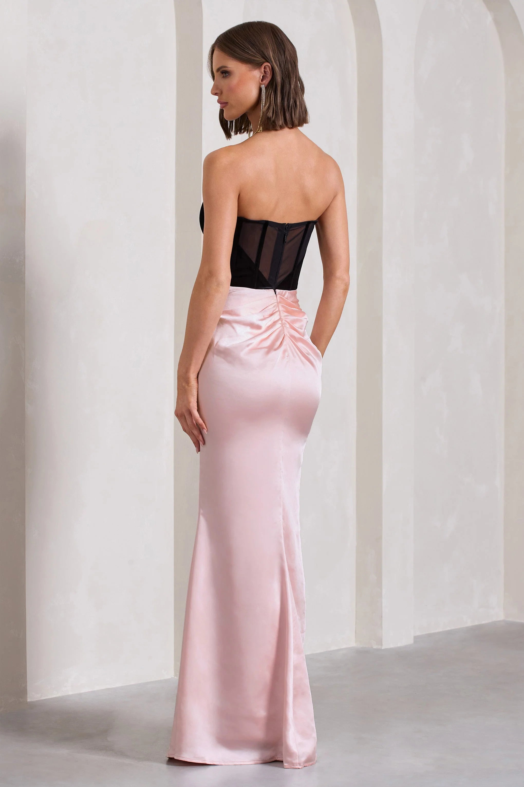 Bethany | Black & Pink Corseted Wrap Maxi Dress