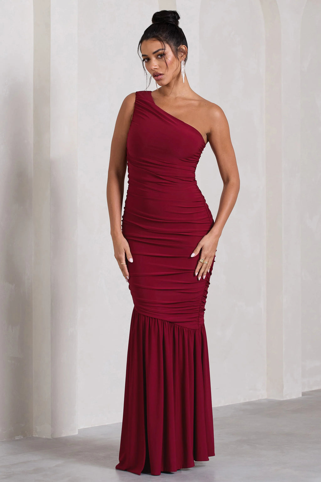 The Limelight | Berry Asymmetric Ruched Fishtail Maxi Dress