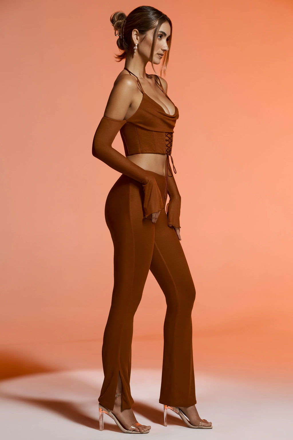 Tall Split Flare Trousers in Brown