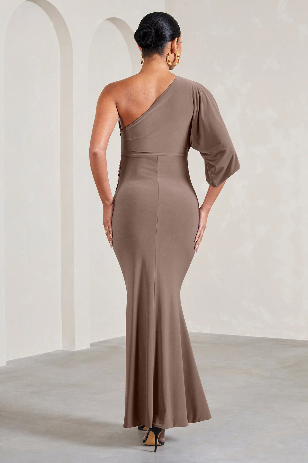 Wisdom | Mocha Ruched Asymmetric One-Shoulder Maternity Maxi Dress
