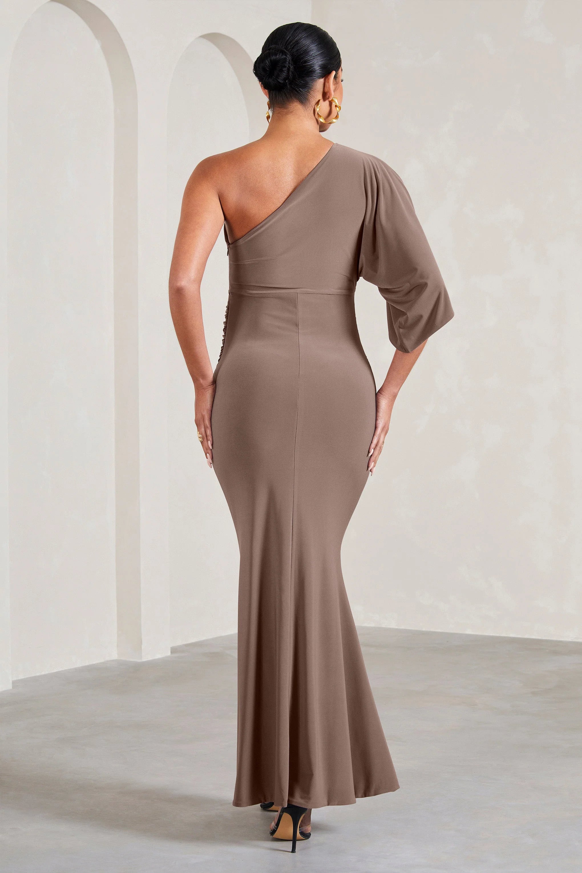 Wisdom | Mocha Ruched Asymmetric One-Shoulder Maternity Maxi Dress