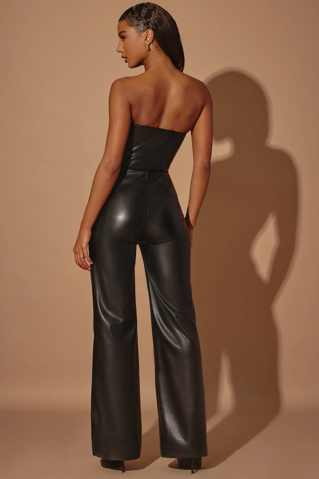 Tall Strapless Wide Leg Vegan Leather Jumpsuit in Black