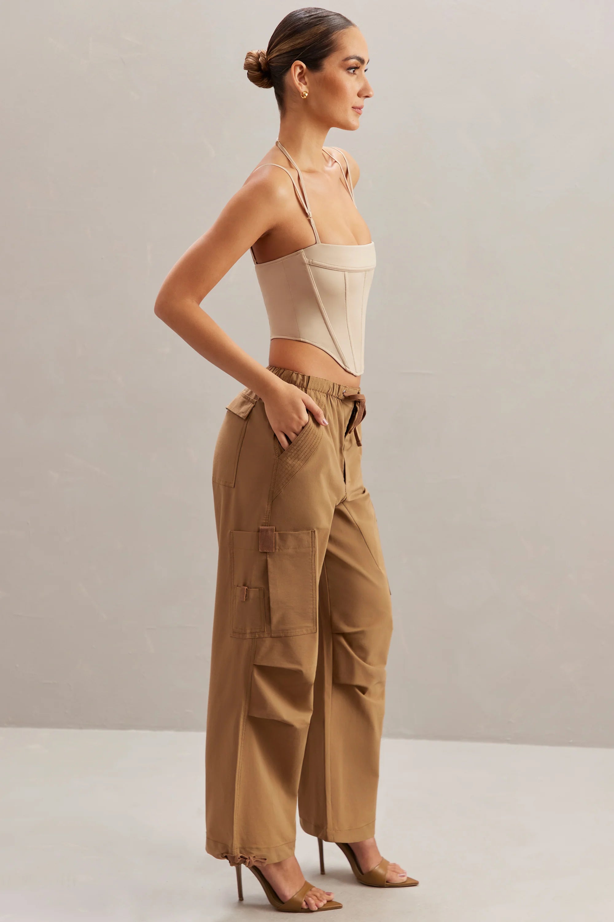 Petite Wide Leg Cargo Trousers in Tan